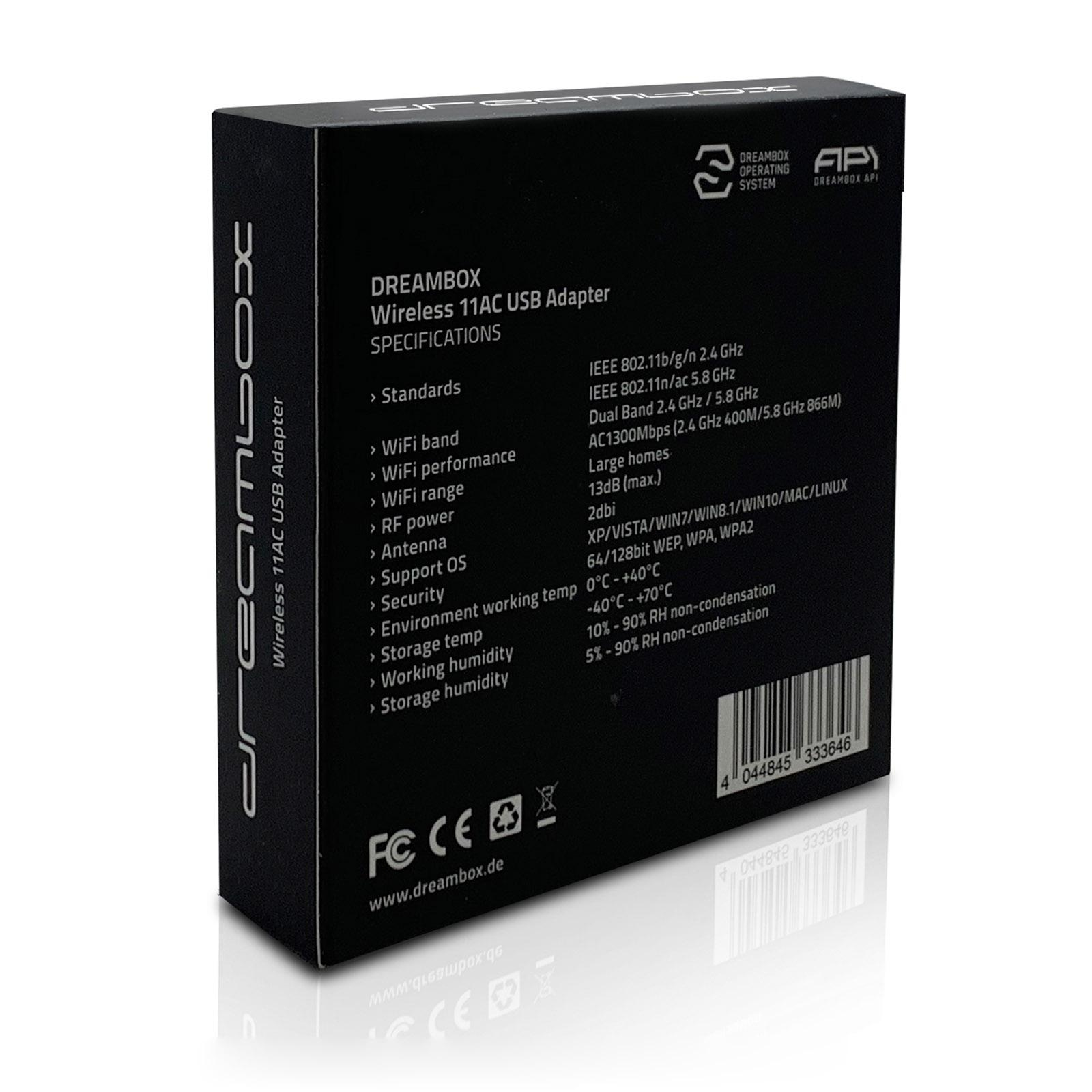 Schwarze Dreambox Wireless 11AC USB Adapter Box. Spezifikationen sind auf der Rückseite aufgeführt.