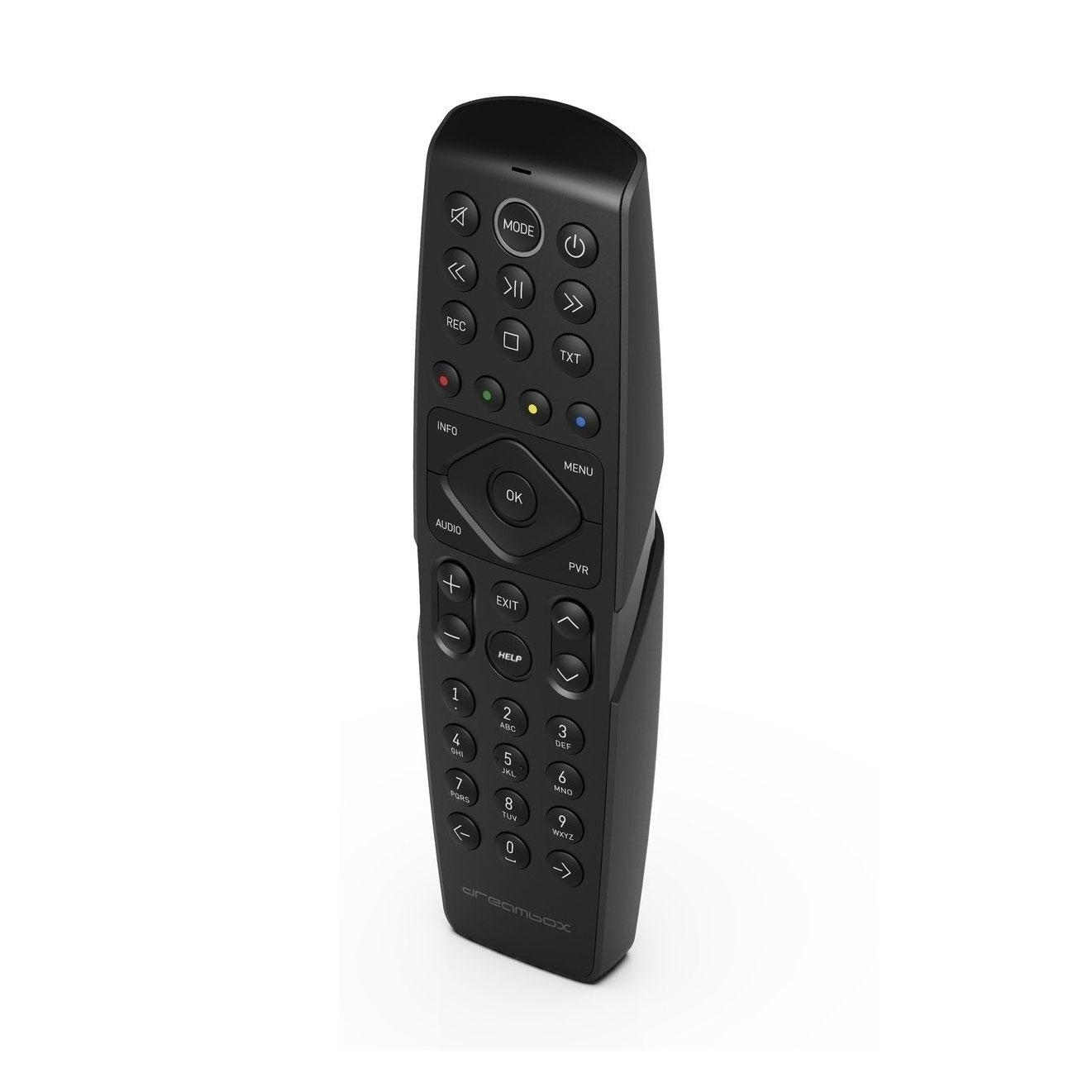 Schwarze Fernbedienung mit mehreren Tasten für den Fernseher. Die Fernbedienung liegt auf einer weißen Oberfläche.