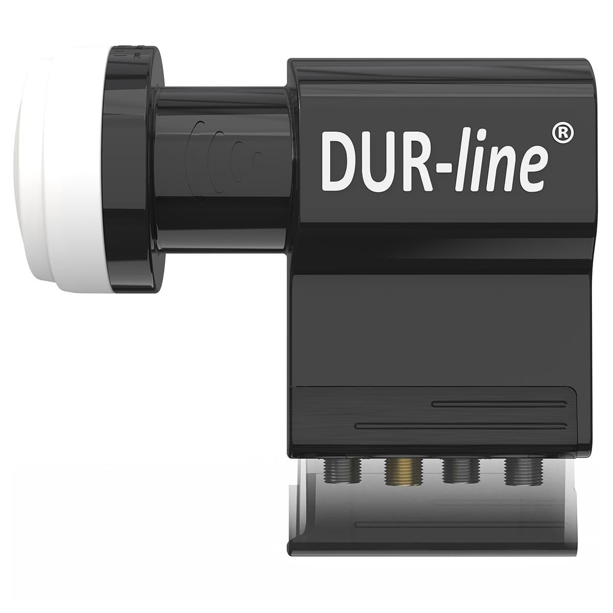 Schwarzer DUR-line LNB (Low Noise Block Downconverter) mit drei Anschlüssen unten.