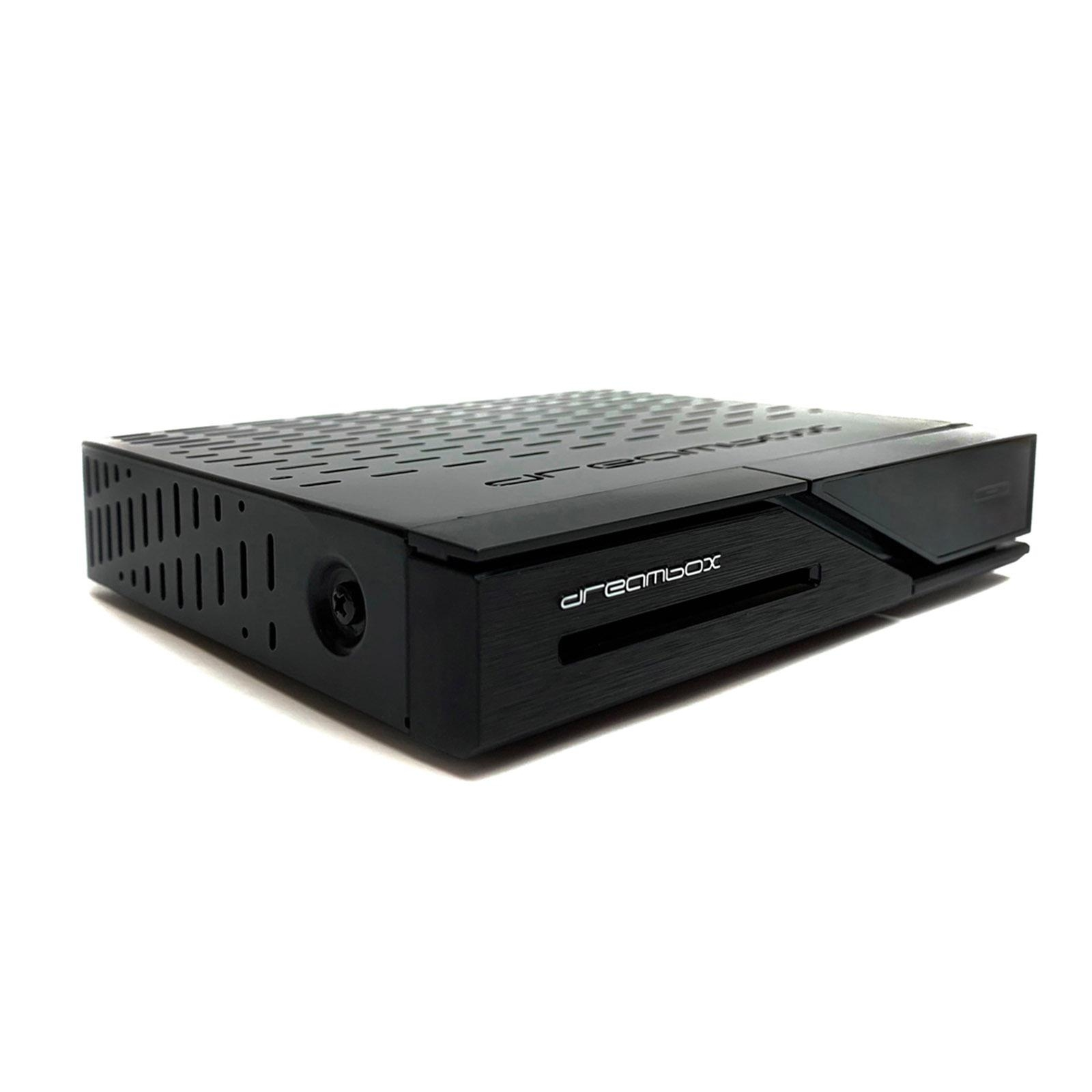 Ein schwarzer Dreambox-Receiver mit schlankem Design, auf weißem Hintergrund.