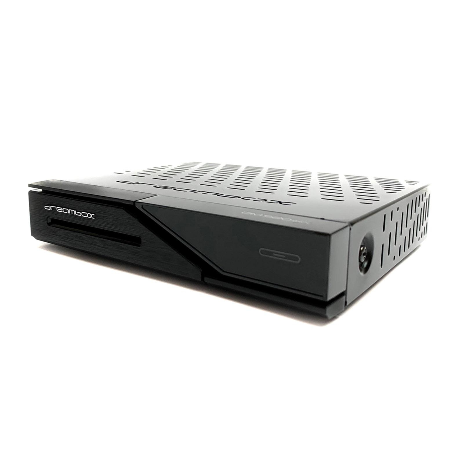 Schwarze Dreambox, Seitenansicht, mit hellem Hintergrund.