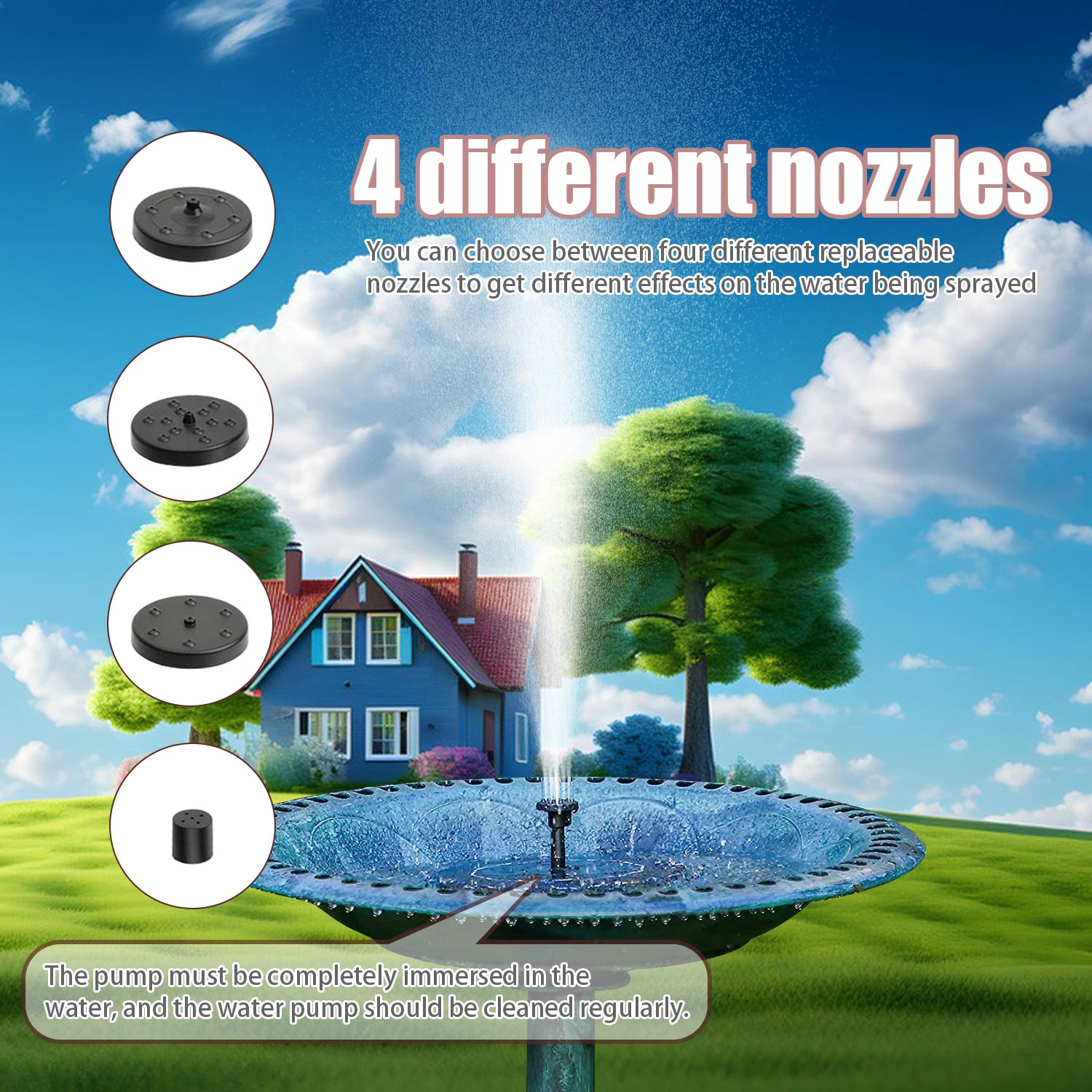 Fontanna tryskająca wodą, z 4 opcjami dysz po lewej stronie. Dom i niebo w tle.