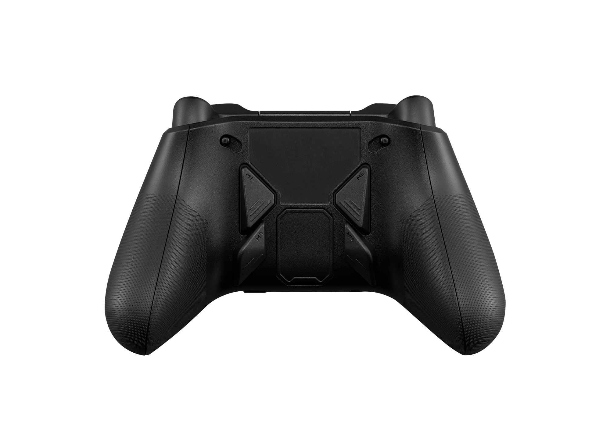 Czarny kontroler do gier, widok z tyłu. Posiada przyciski z tyłu.