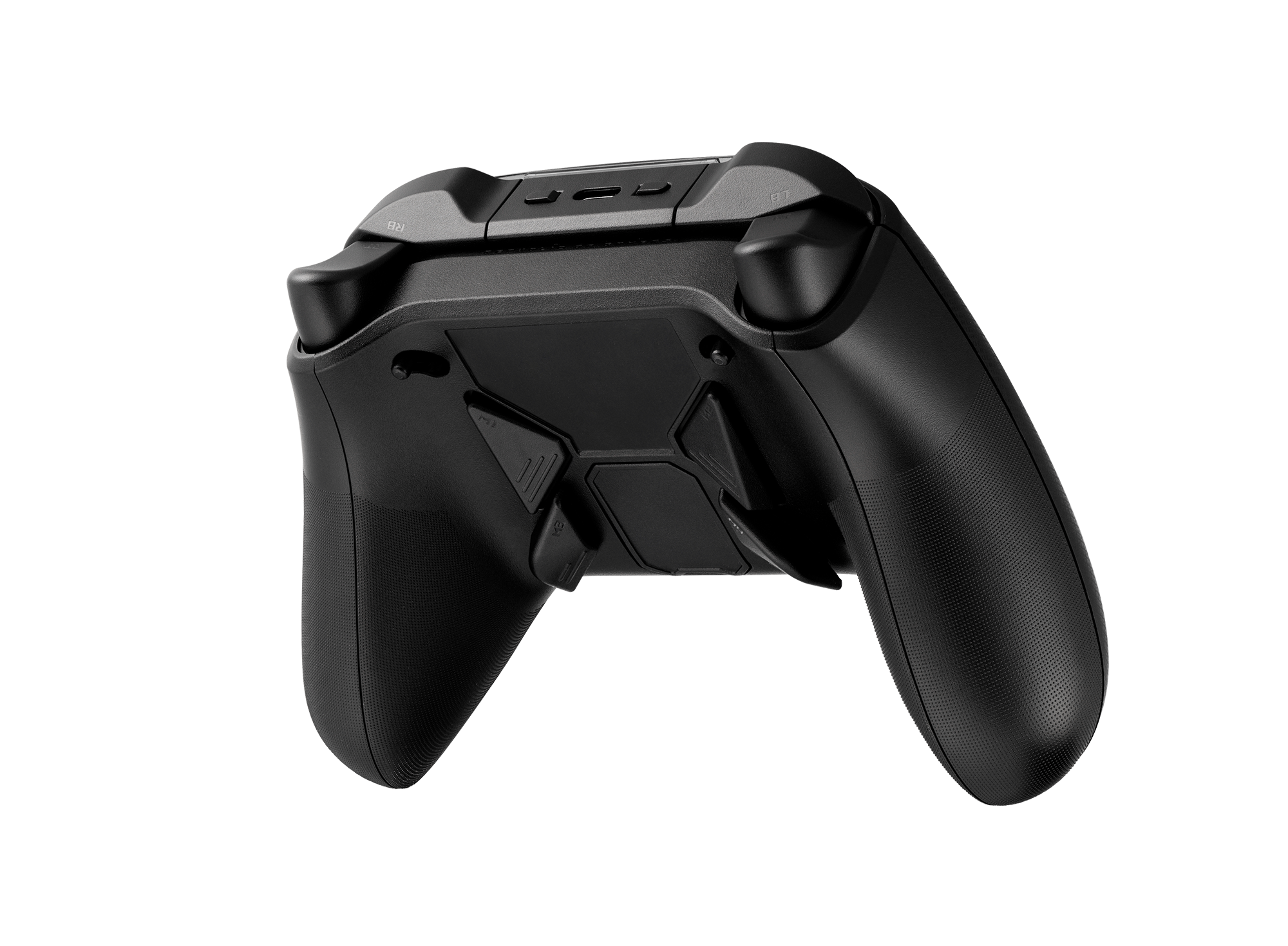 Czarny kontroler do gier, widok z tyłu, z widocznymi przyciskami i spustami.