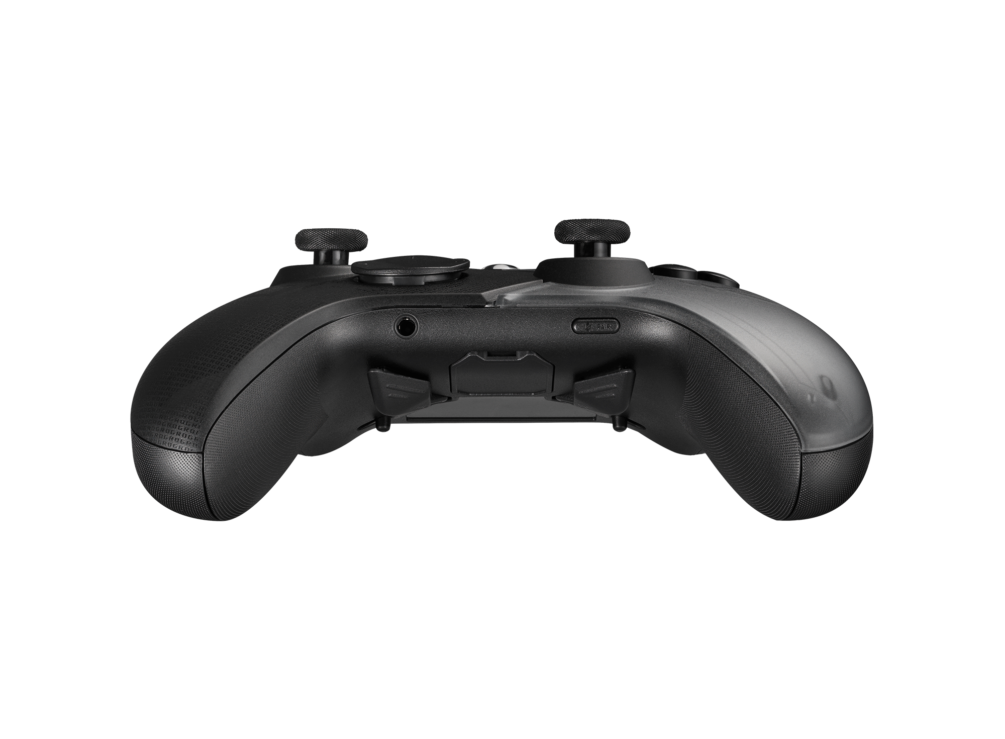 Czarny kontroler do gier z przyciskami i joystickami, widok z tyłu.