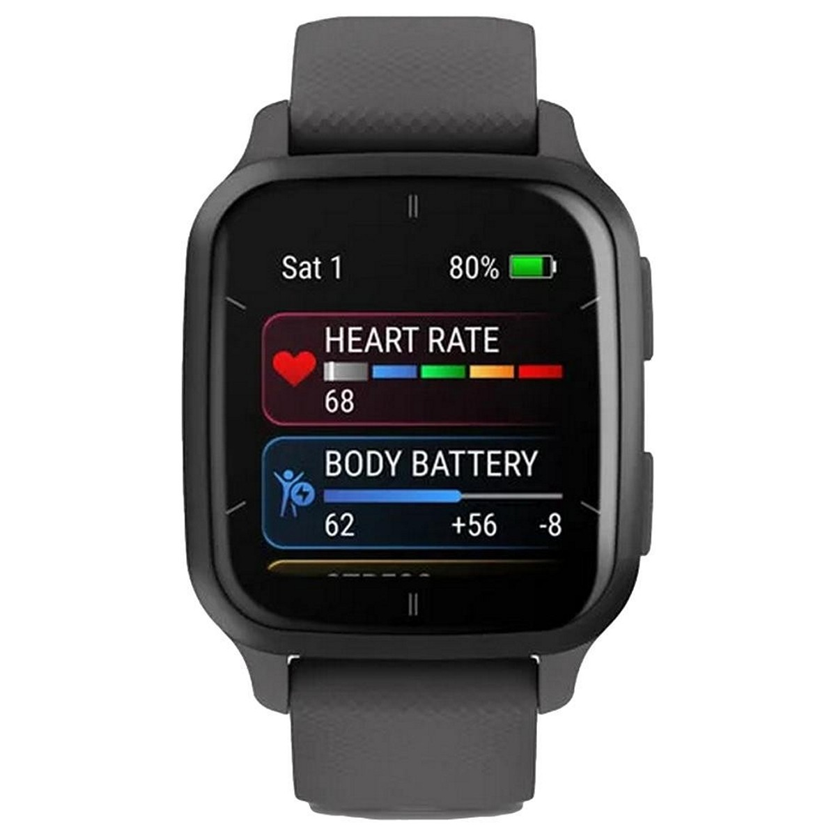 Smartwatch wyświetlający tętno i informacje o baterii ciała.