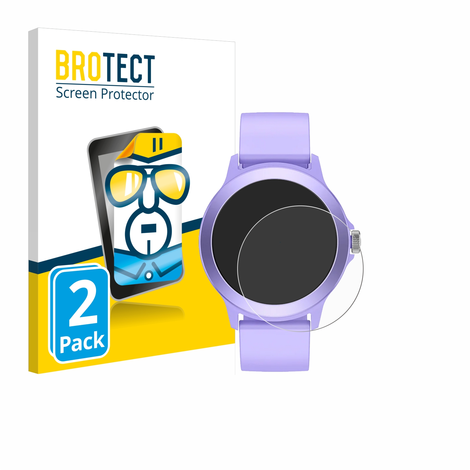 Eine lila Smartwatch mit Displayschutzfolie und einer Box mit der Aufschrift BROTECT Screen Protector.