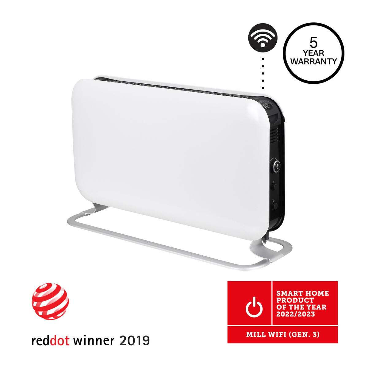 Biały grzejnik ze stojakiem, symbolem Wi-Fi i logo Red Dot winner.
