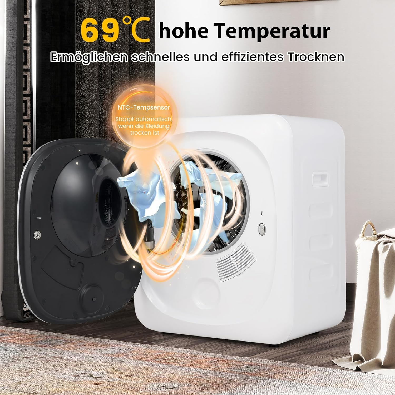 Weißer Wäschetrockner mit offener schwarzer Tür, zeigt Kleidung und Text: 69°C hohe Temperatur.