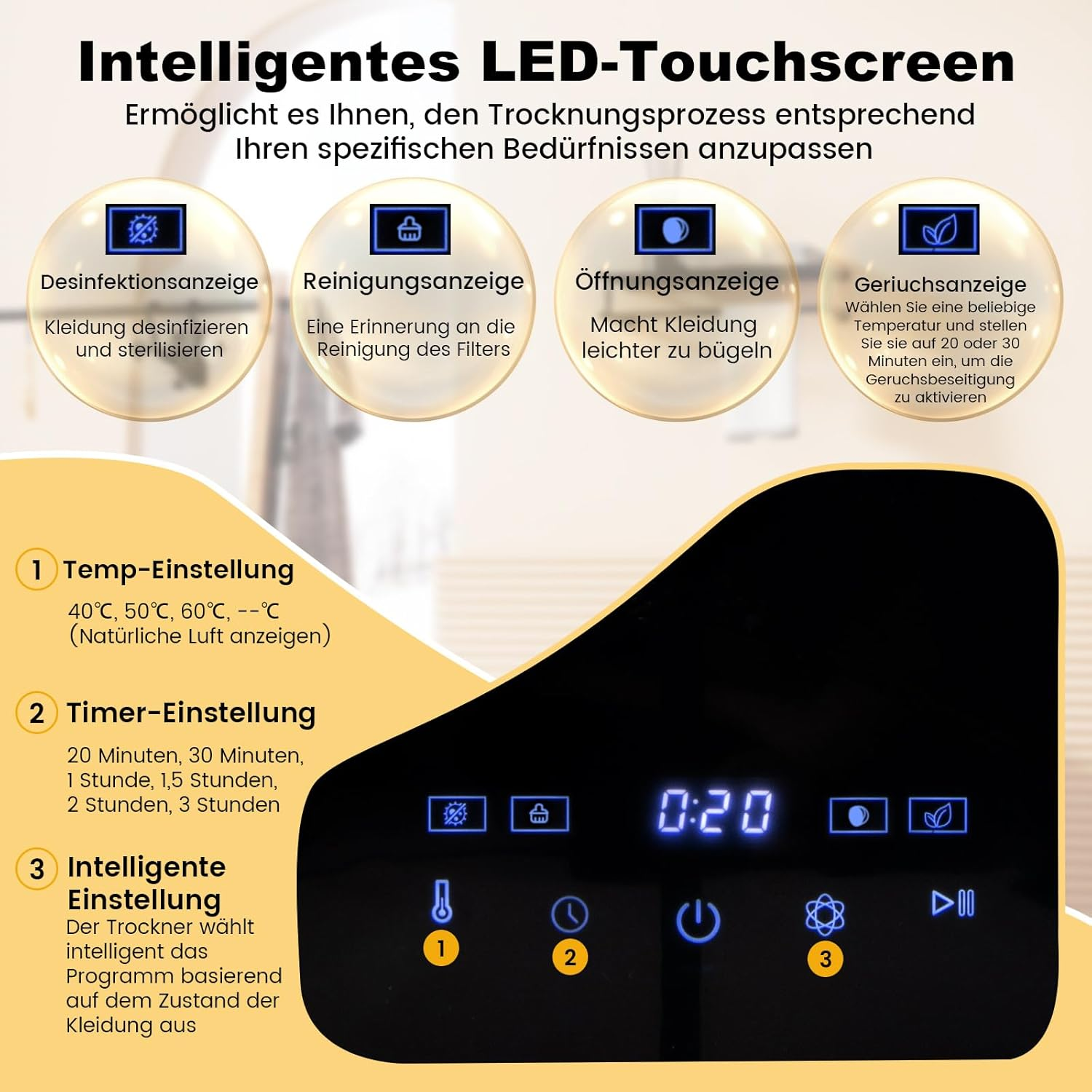 Nahaufnahme eines Bedienfelds mit Text und Symbolen eines intelligenten LED-Touchscreens für ein Trocknungsgerät.
