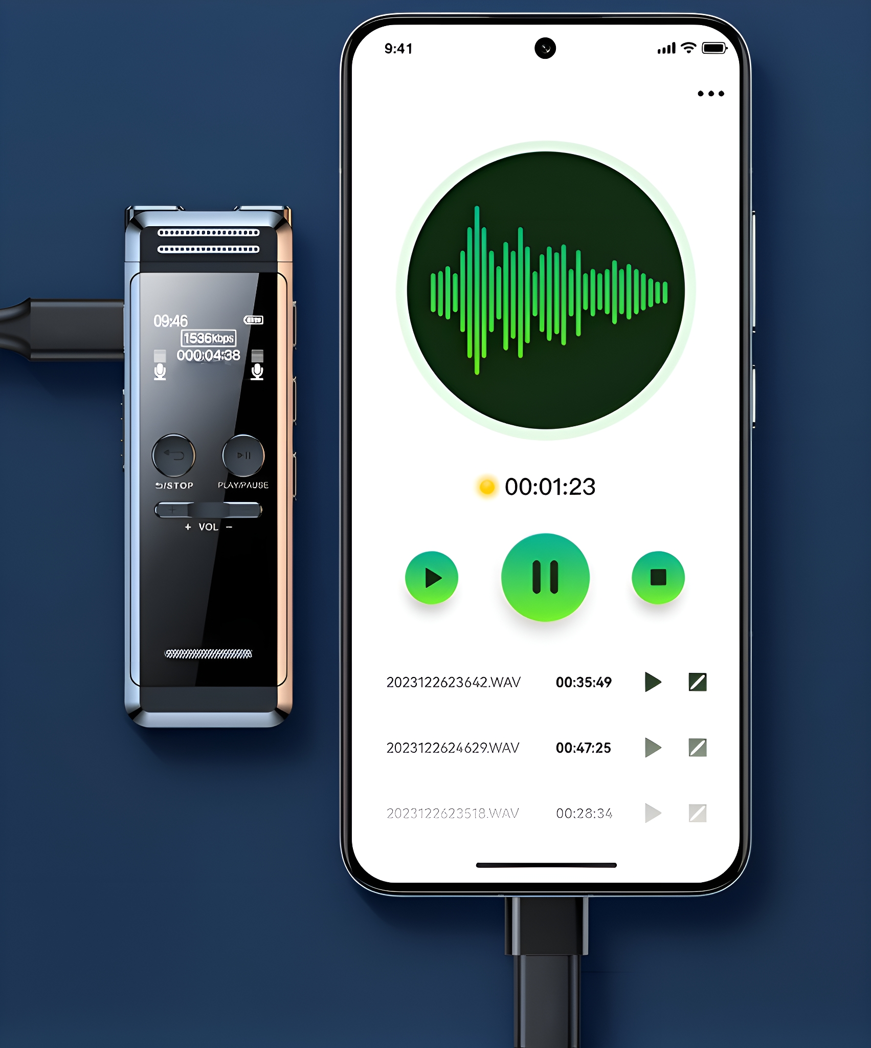 Ein digitales Aufnahmegerät mit einem angeschlossenen Telefon, das eine Schallwelle anzeigt.