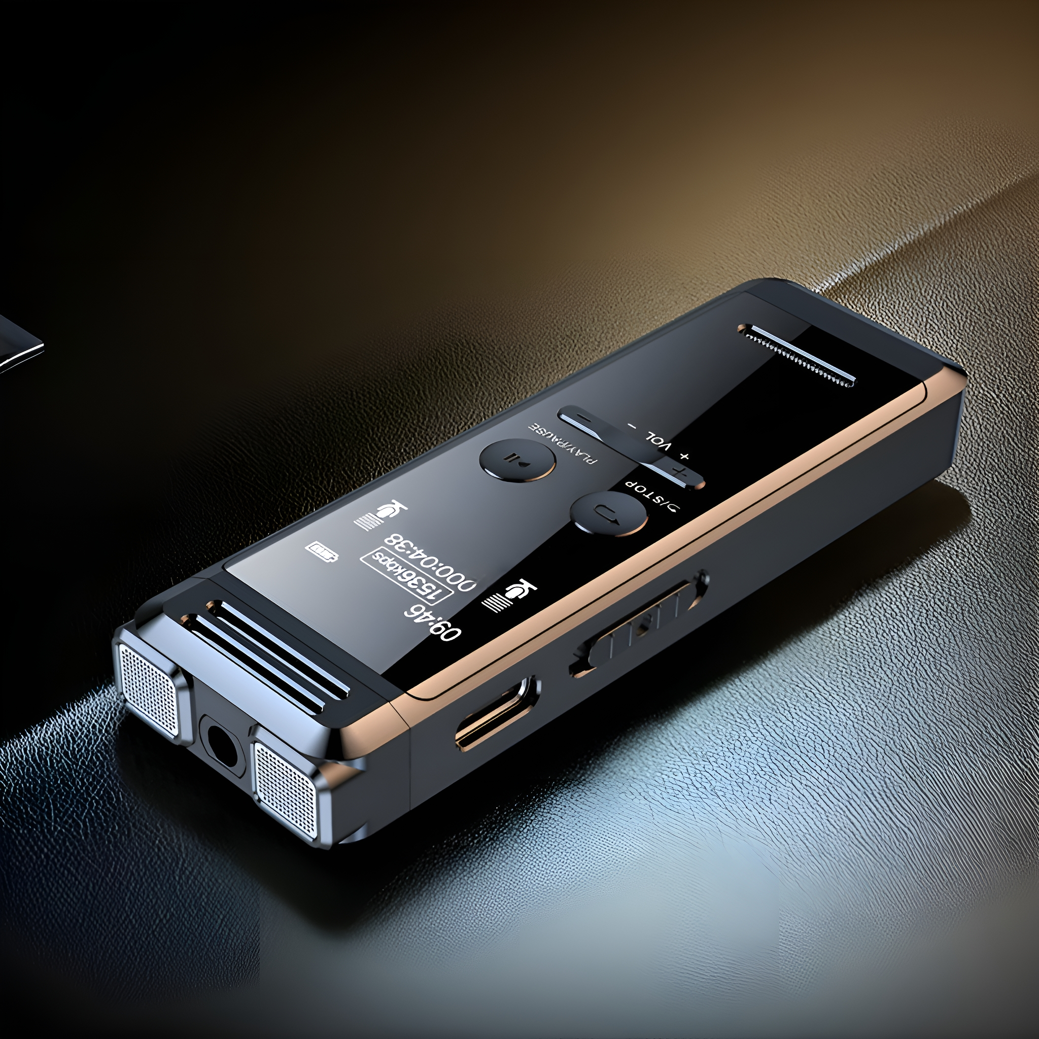 Schwarzes digitales Diktiergerät auf reflektierender Oberfläche. Knöpfe, Bildschirm, USB-Anschluss sichtbar.