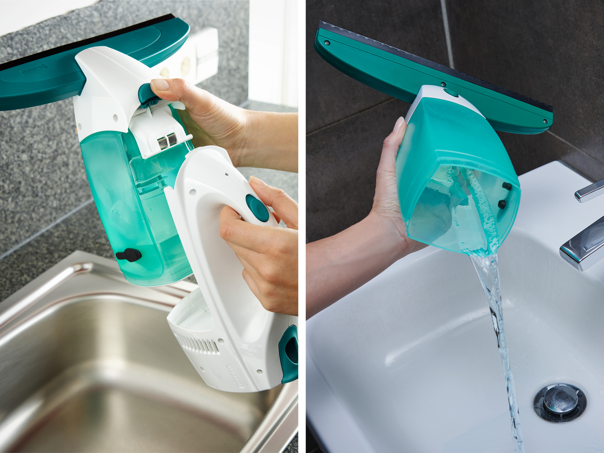 Dwa obrazy pokazujące demontaż urządzenia do czyszczenia okien i wylewanie wody z urządzenia.