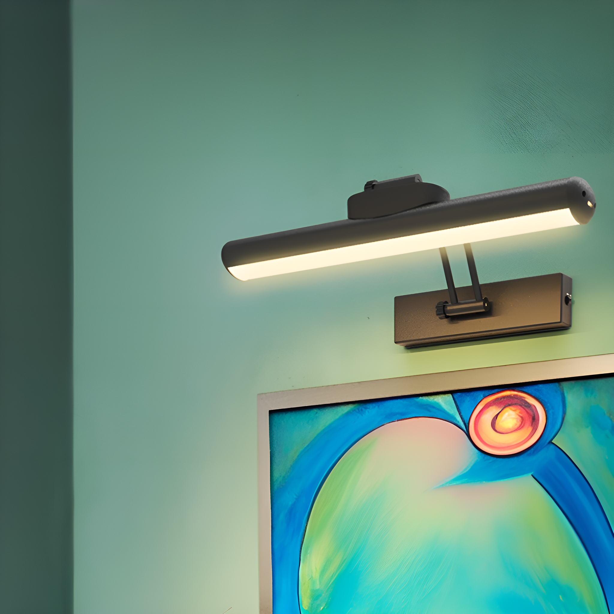 Schwarzes LED-Bildlicht an grüner Wand, über einem Gemälde mit farbenfrohem Design.