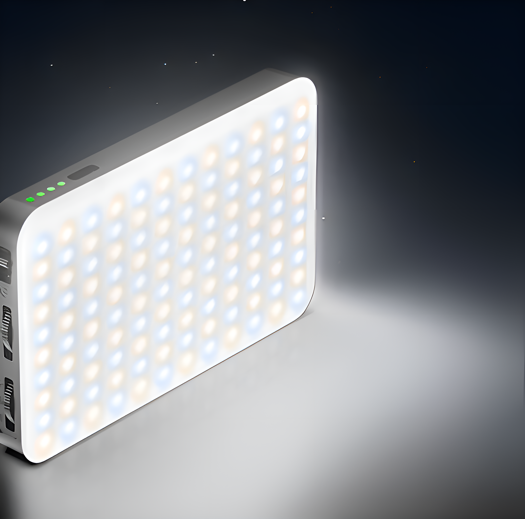 Ein weißes LED-Lichtpanel, das helles Licht emittiert, auf dunklem Hintergrund.