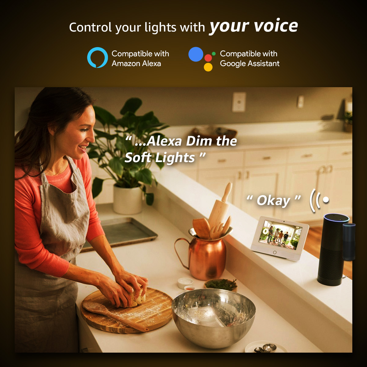 Frau steuert Lichter in der Küche mit Smart-Home-Gerät. Text: Steuern Sie Ihre Lichter mit Ihrer Stimme.