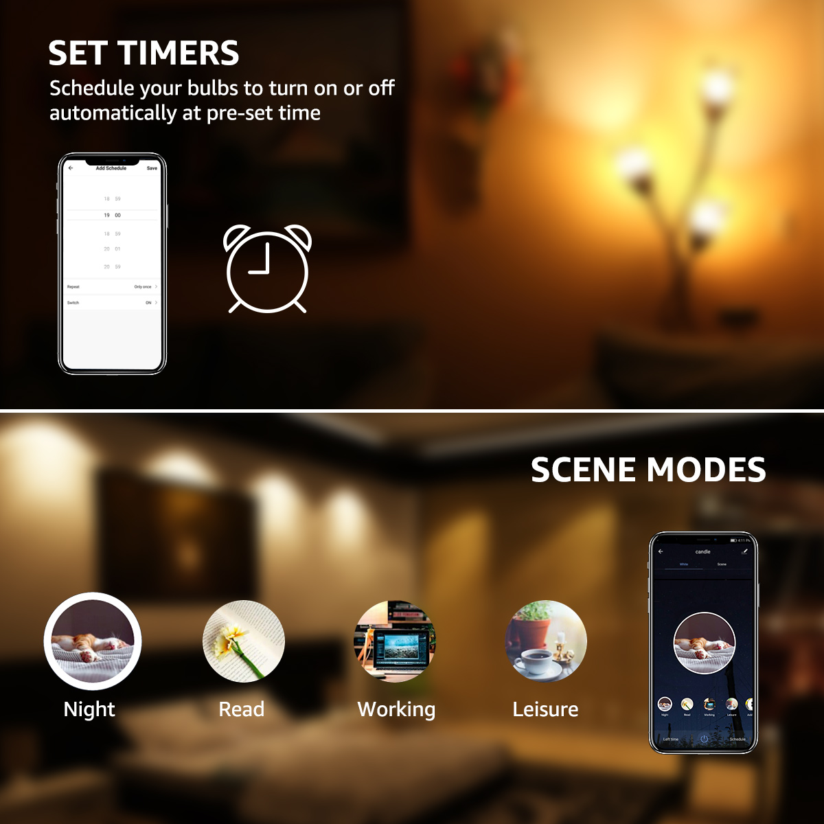 Smartphone mit App-Oberfläche zum Einstellen von Timern und Szenenmodi. Verschwommener Hintergrund zeigt Lampe.