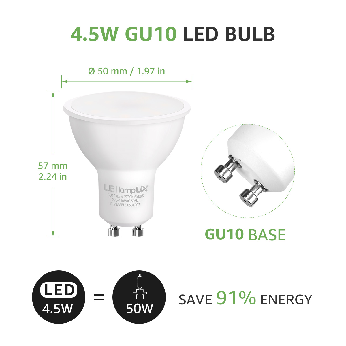 Weiße LED-Glühbirne mit Abmessungen. Zeigt GU10-Sockel und gibt an, dass sie 91 % Energie spart. Weißer Hintergrund.