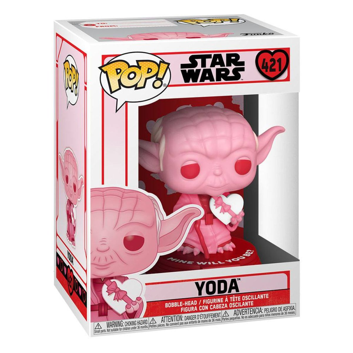 Eine pinke Yoda Funko Pop Figur in einer Box. Er hält ein Herz und trägt ein pinkes Outfit.