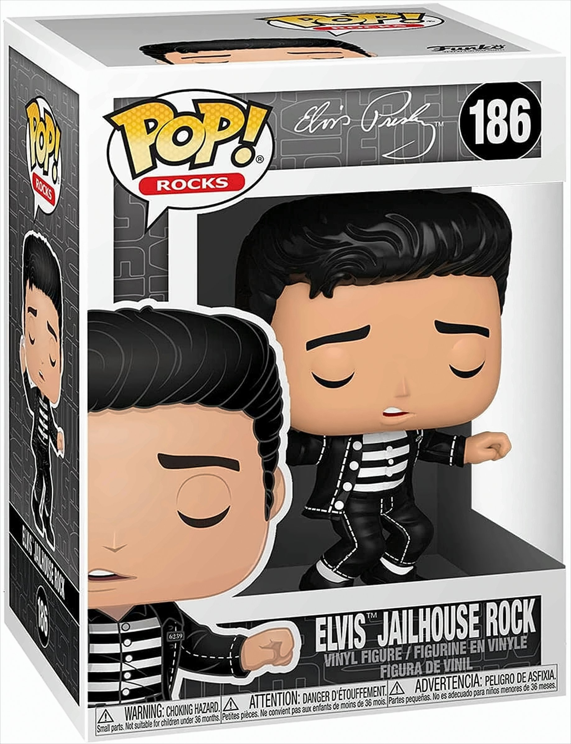Elvis Presley-Figur in einer Box. Zeigt Elvis in einem schwarz-weiß gestreiften Outfit.