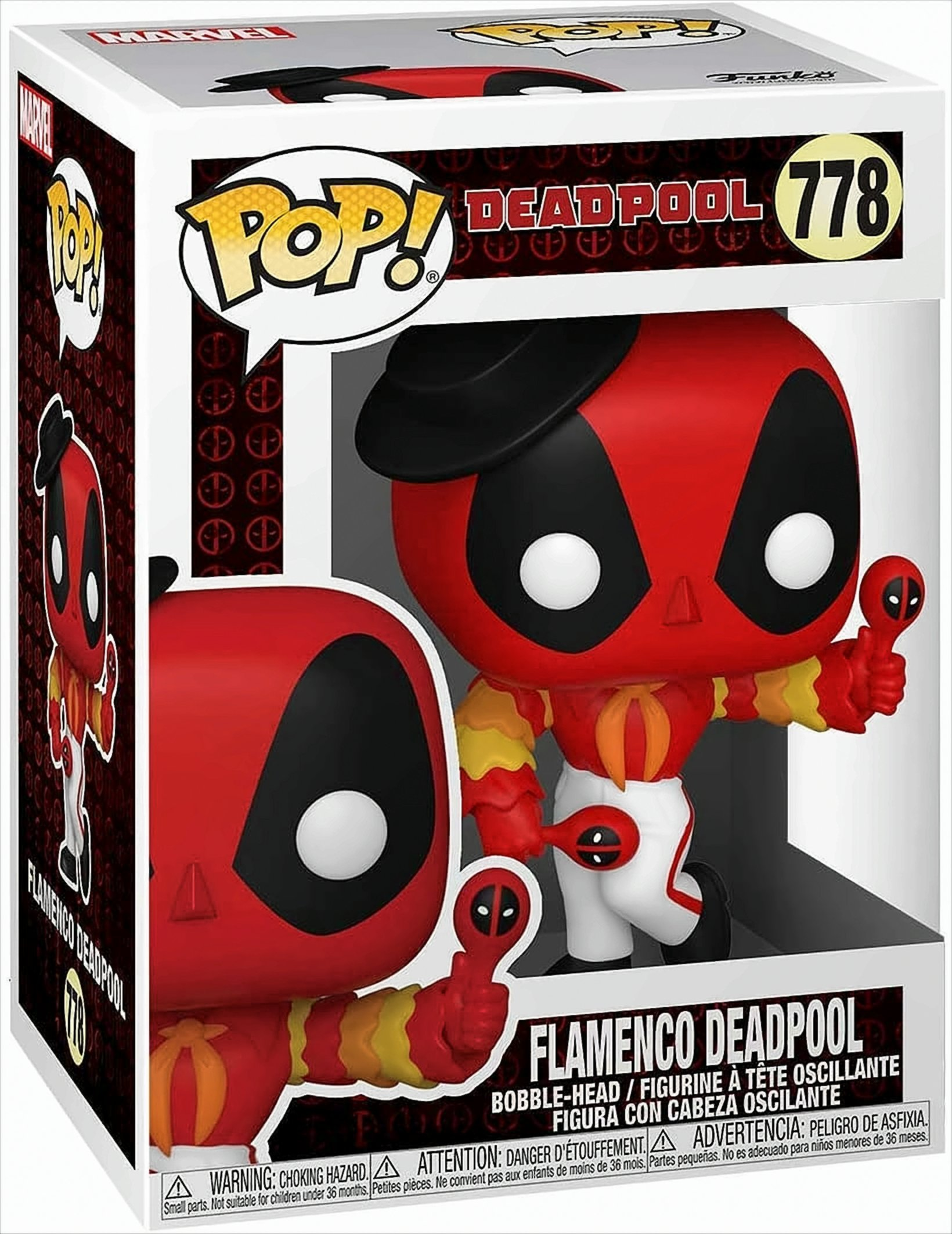 Funko Pop! Deadpool 778, Flamenco Deadpool, mit Kastagnetten, rot, schwarz, gelb.