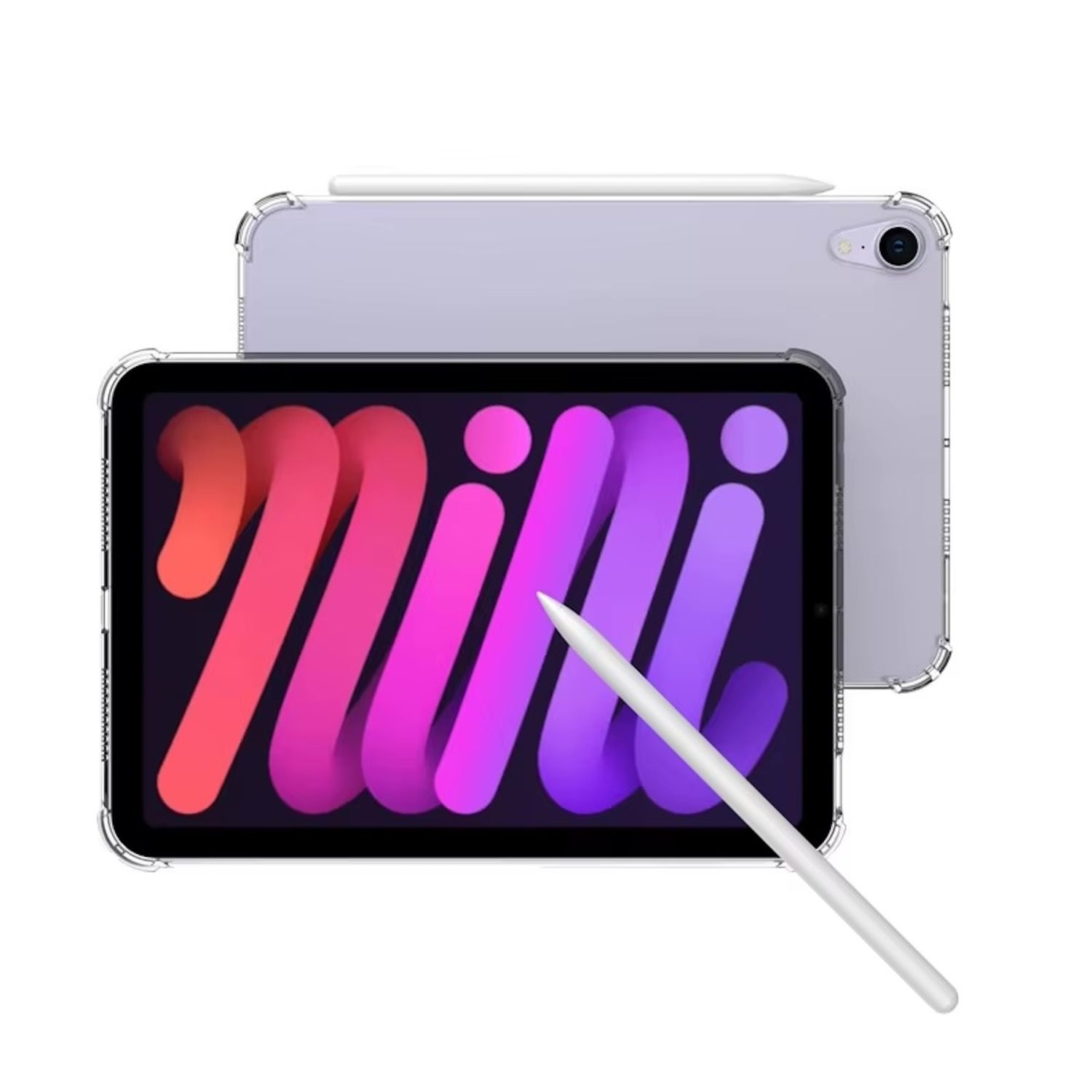 Ein iPad Mini im Case mit Stift. Vorder- und Rückansicht. Der Bildschirm hat farbenfrohes Design.