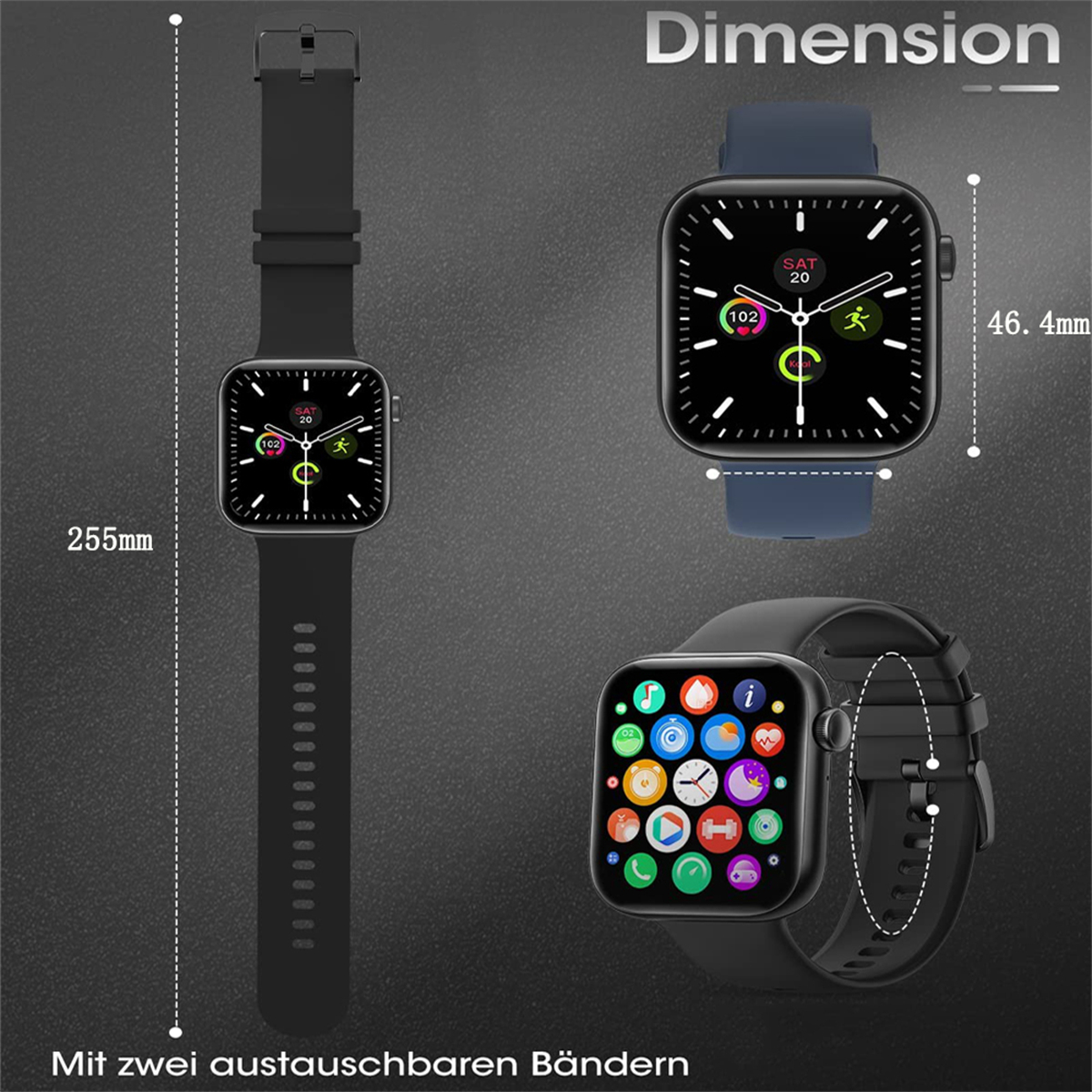 Smartwatch mit zwei austauschbaren Armbändern. Die Uhr zeigt Zeit, Herzfrequenz und Aktivität.