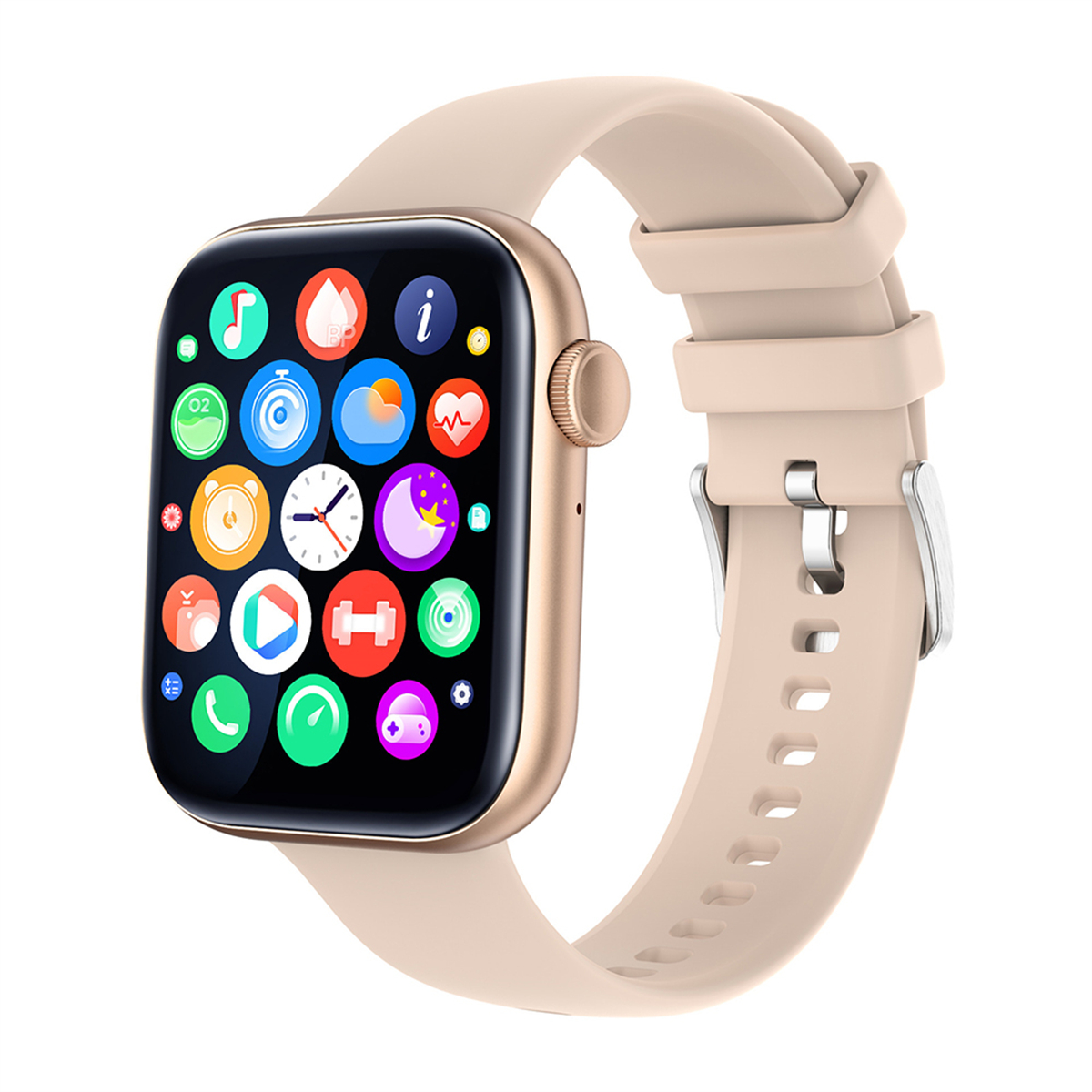 Smartwatch mit beigem Armband, goldenem Gehäuse und bunten Symbolen auf dem Bildschirm. Weißer Hintergrund.