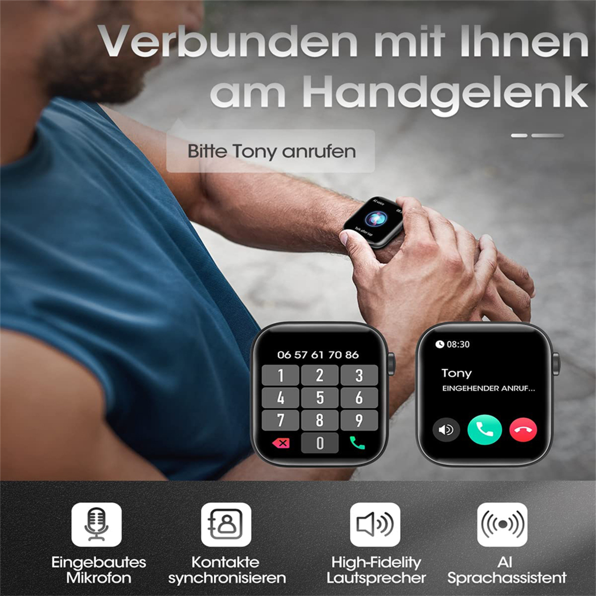 Mann mit Smartwatch mit Telefonwähl-Bildschirm. Andere Bildschirme zeigen Anrufdetails und Kontakte.