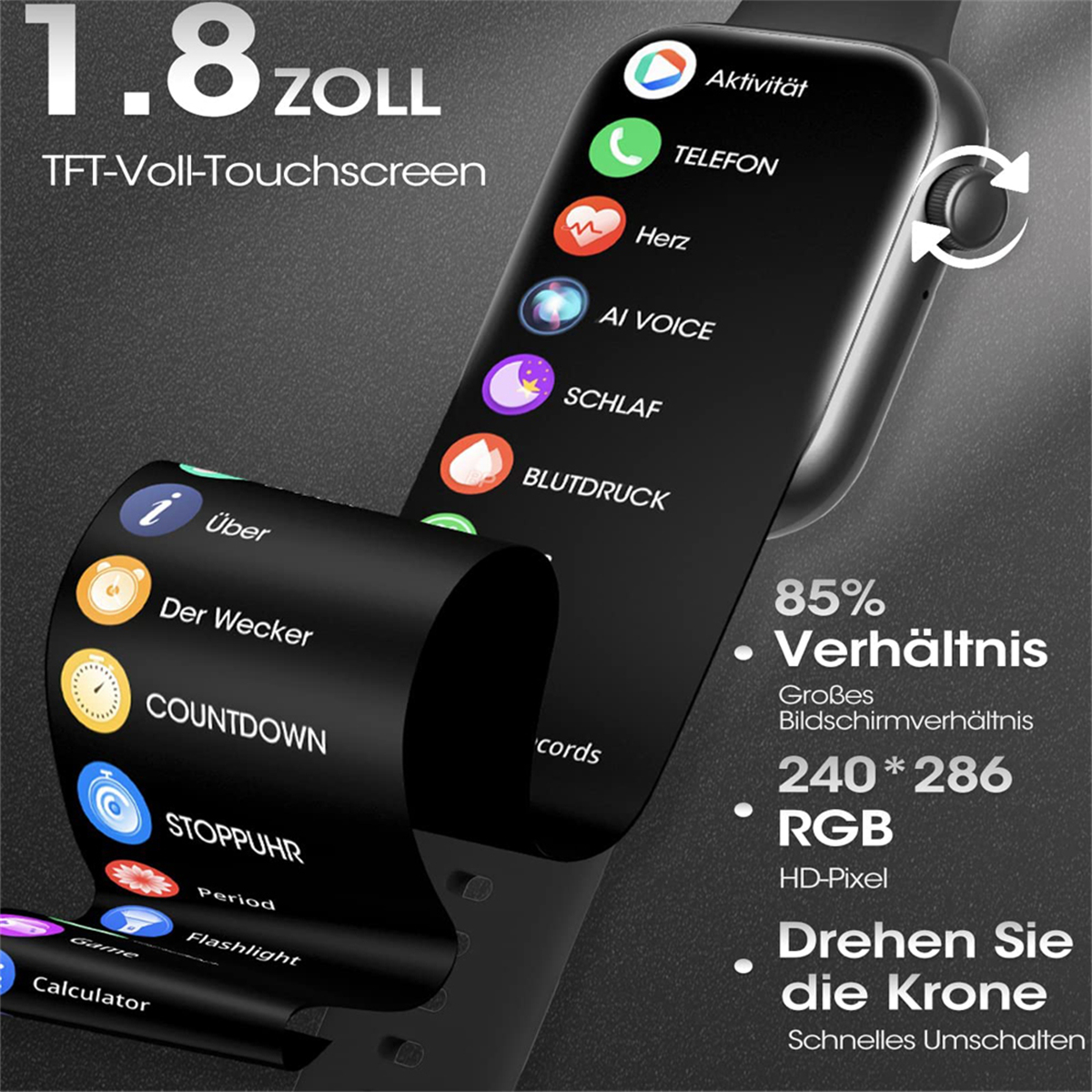 Schwarze Smartwatch mit gebogenem Display zeigt App-Icons. Text und Maße sind auf einem gebogenen Band dargestellt.