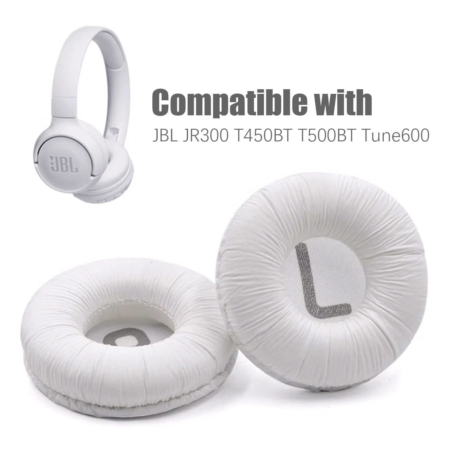 Witte JBL-koptelefoon, oorkussens en vervangende oorkussens. De letter "L" op één pad.
