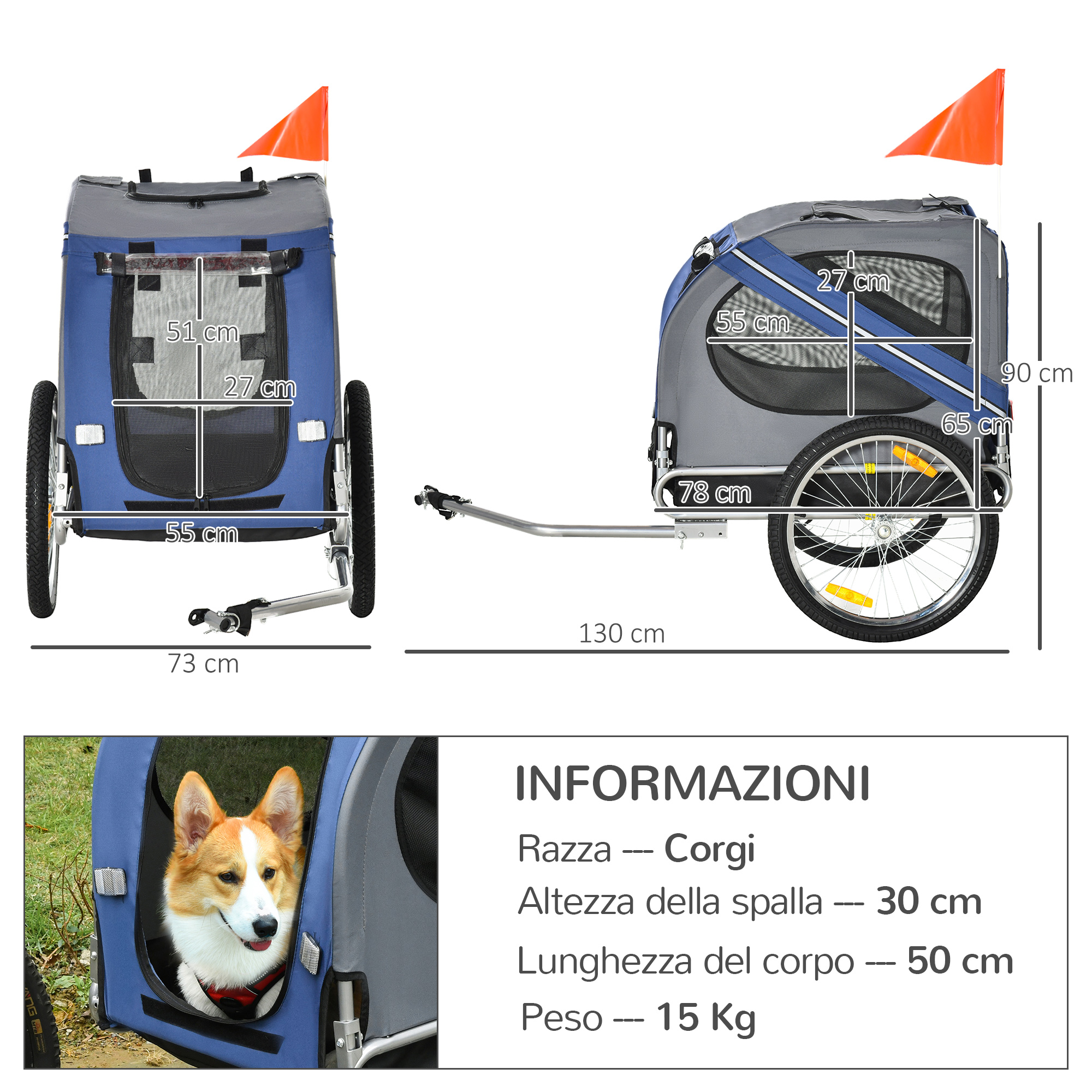 Cane in un rimorchio blu per animali domestici con dimensioni e testo.