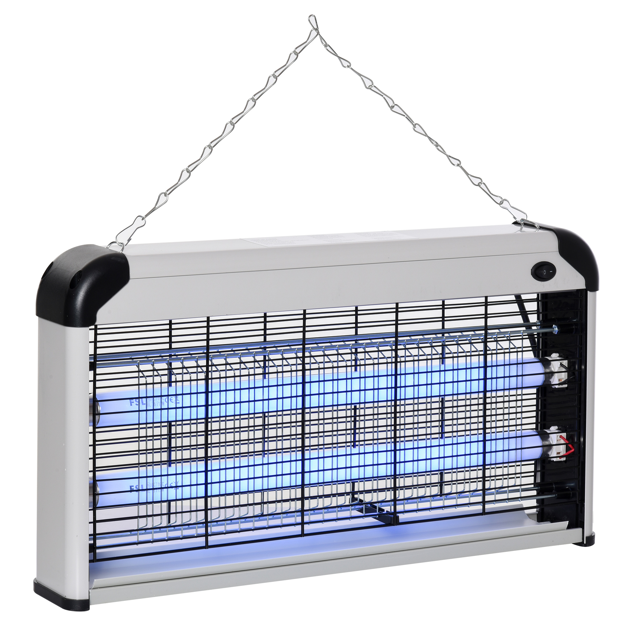 Zanzariera rettangolare con luci blu e griglia metallica.