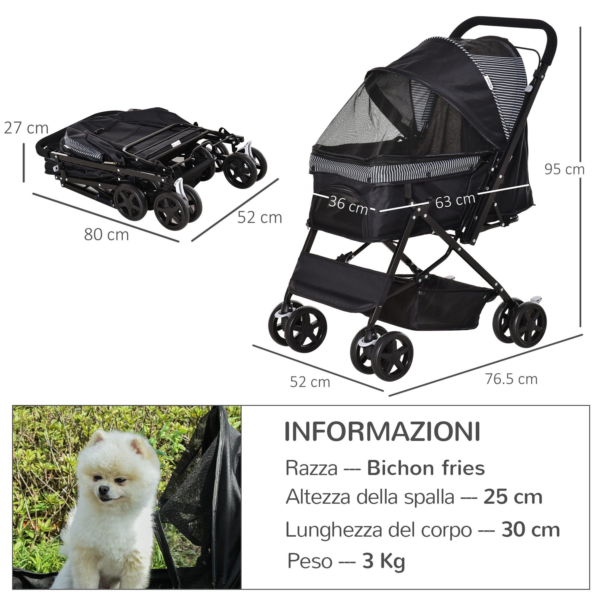 Cane nel passeggino per animali domestici, dimensioni e informazioni in italiano.