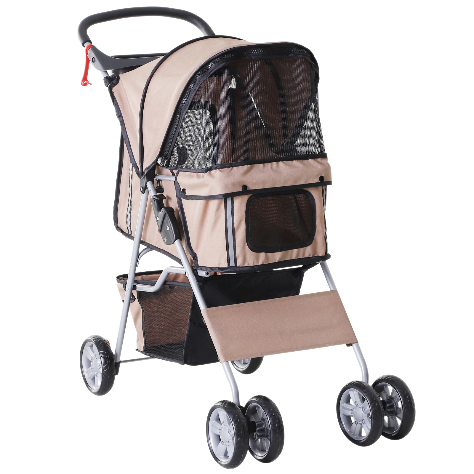 Un passeggino beige per animali con finestre a rete nere e ruote nere su sfondo bianco.