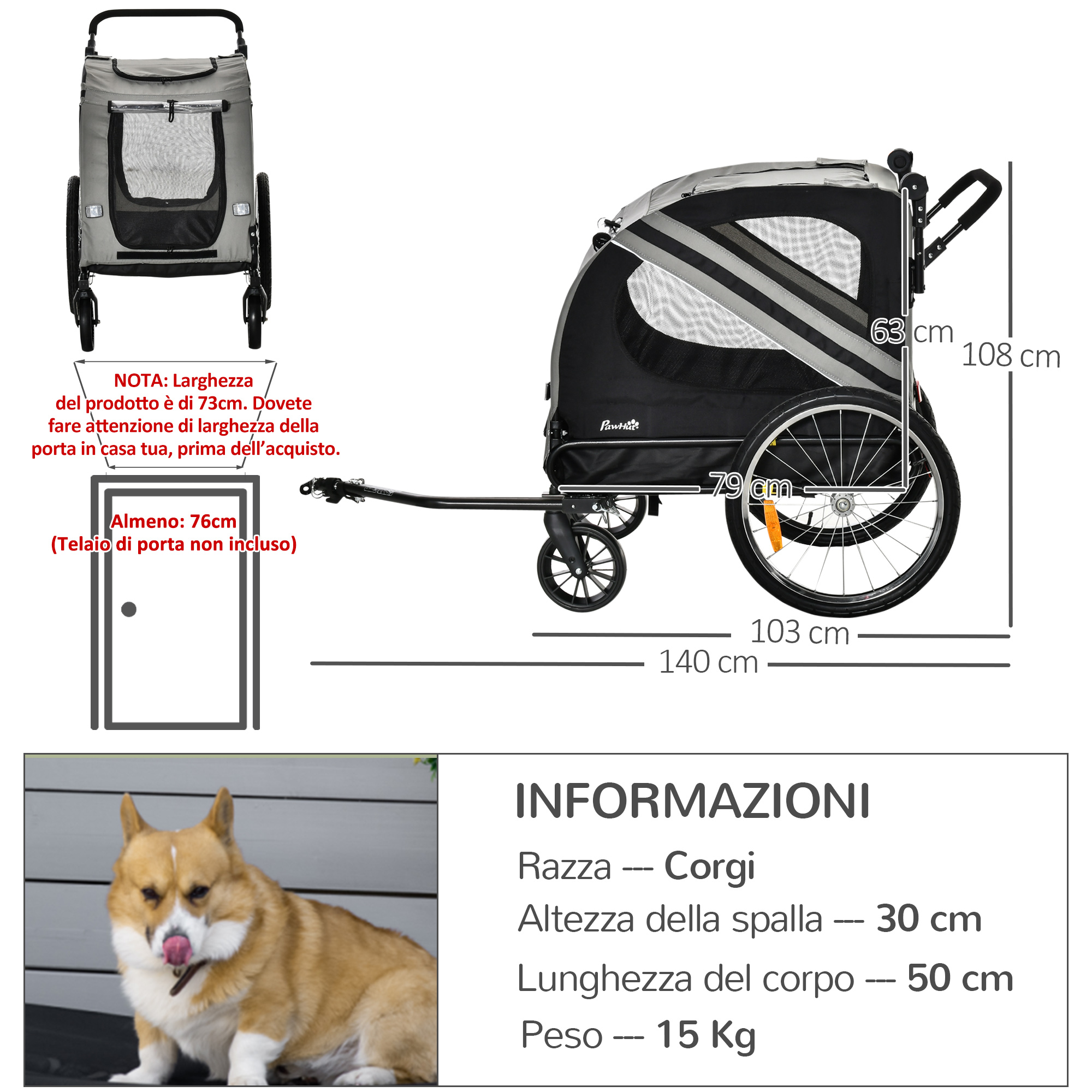 Rimorchio per cani con dimensioni e un cane Corgi. Include misure e un cane.