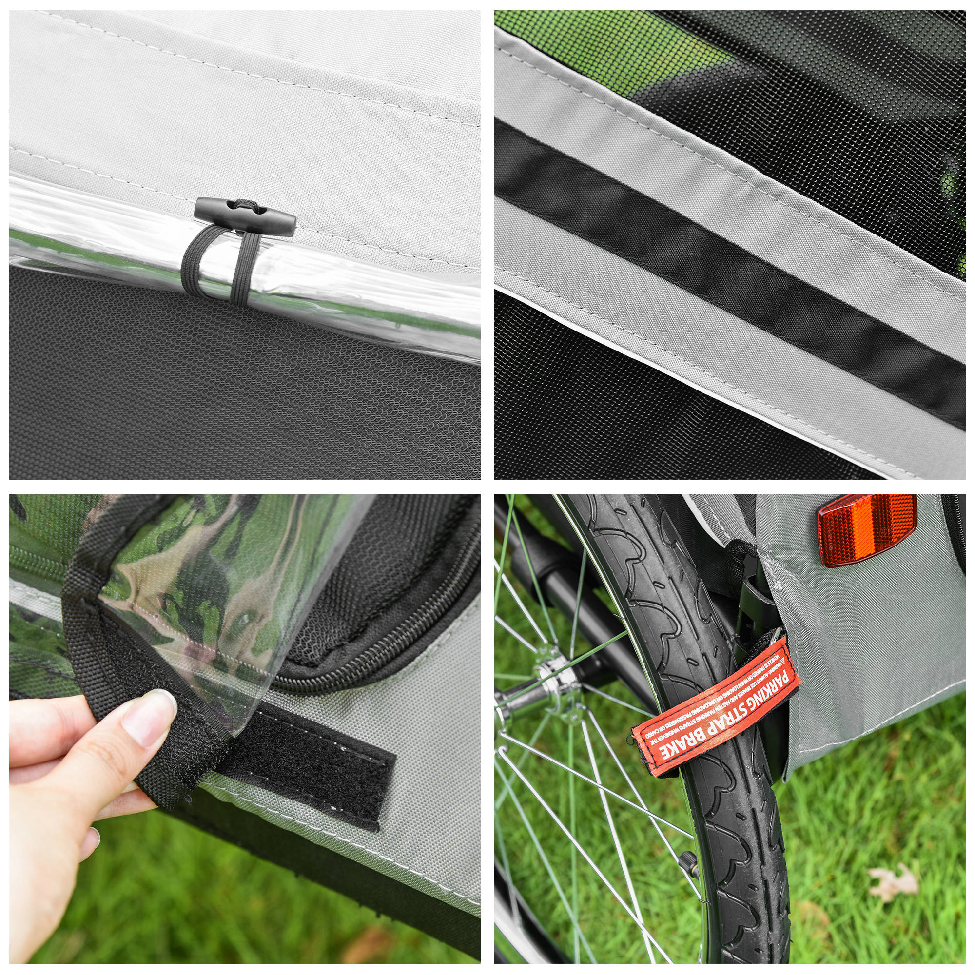 Collage di dettagli di un rimorchio per bicicletta, tra cui una chiusura, strisce riflettenti e una ruota.