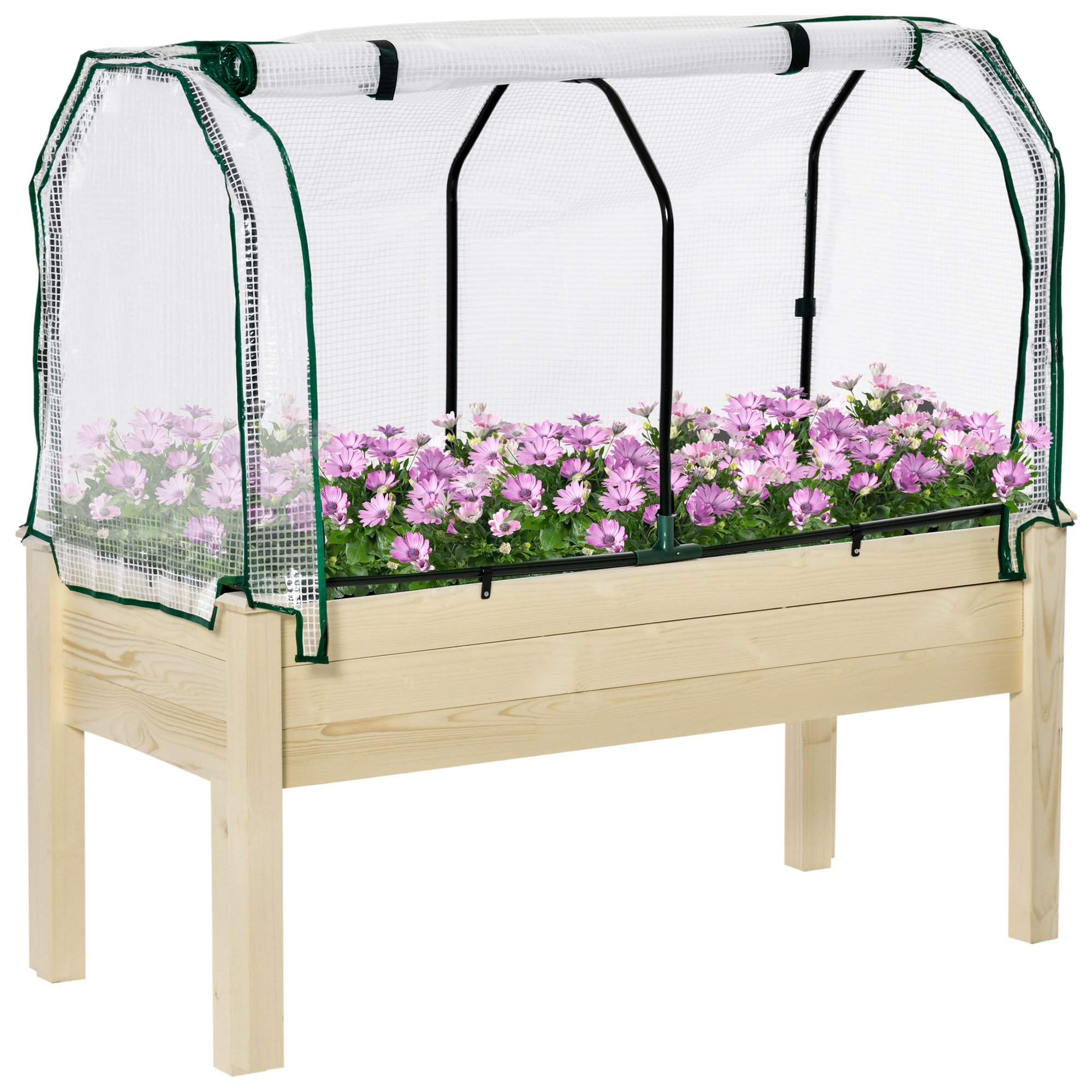 Aiuola rialzata con copertura in plastica trasparente piena di fiori rosa.