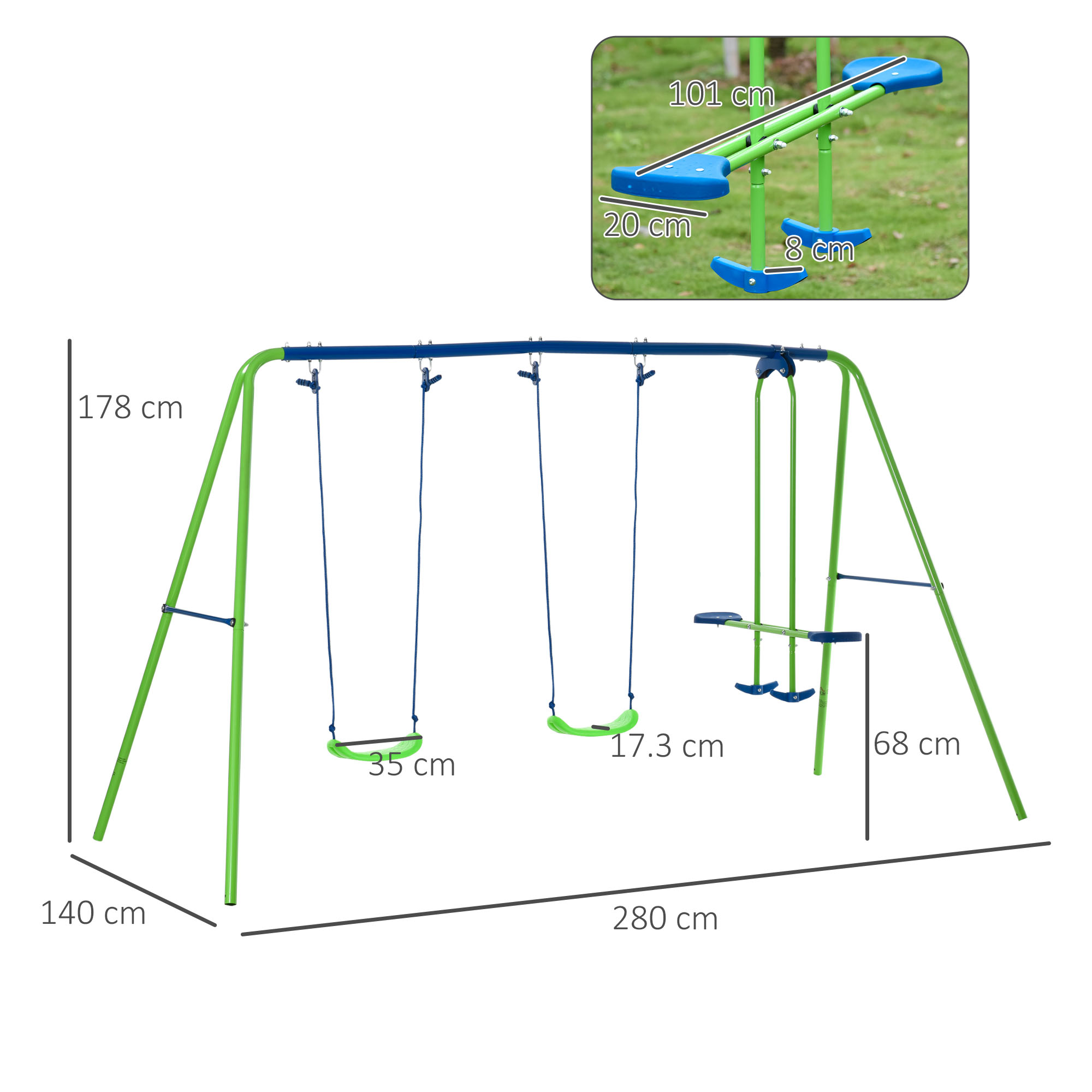 Un'altalena da parco giochi verde e blu con dimensioni etichettate. C'è un'altalena in alto a destra.