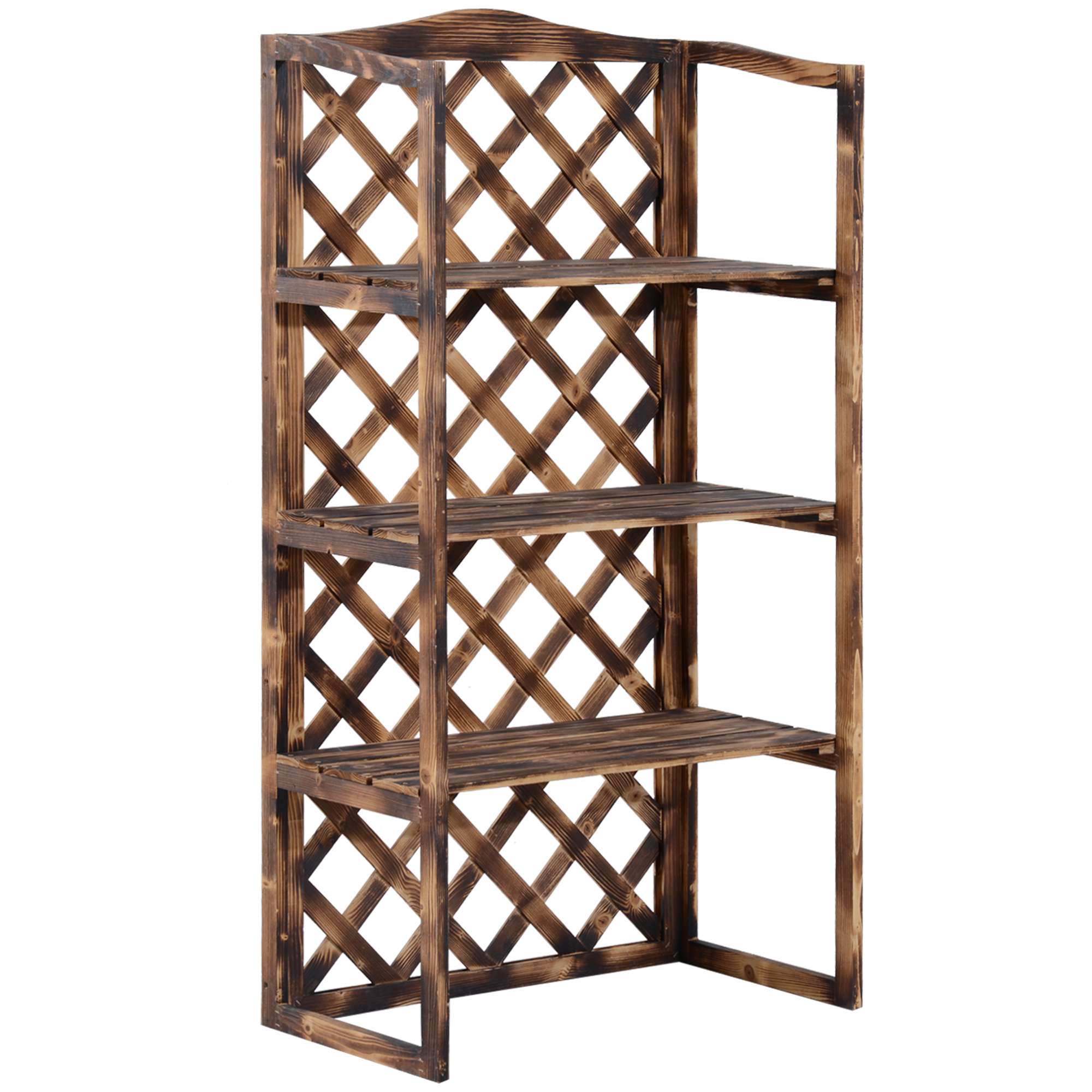 Supporto per piante in legno con ripiani. Ha un design a griglia e una finitura marrone scuro.