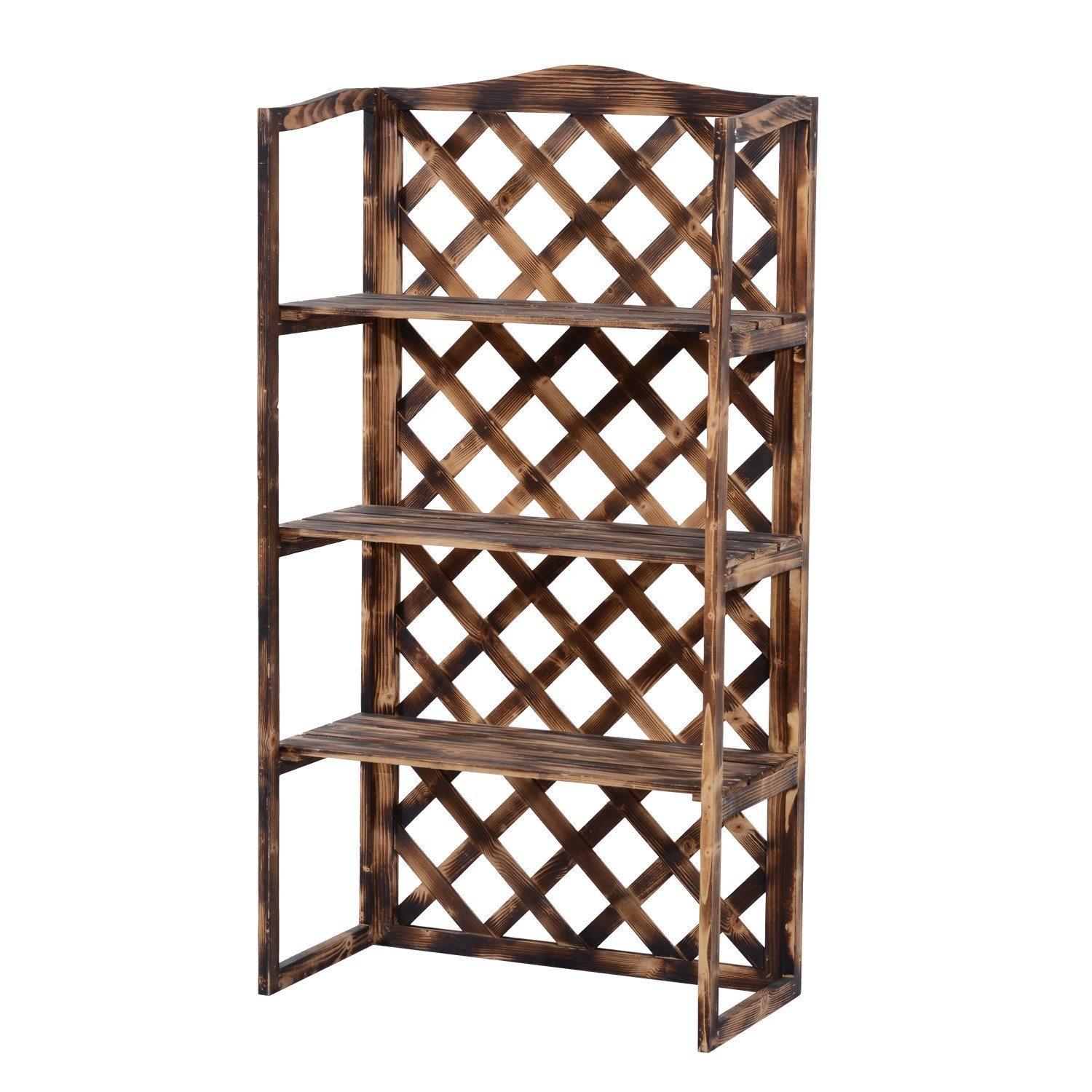Un supporto per piante in legno marrone scuro con ripiani e un design a griglia.