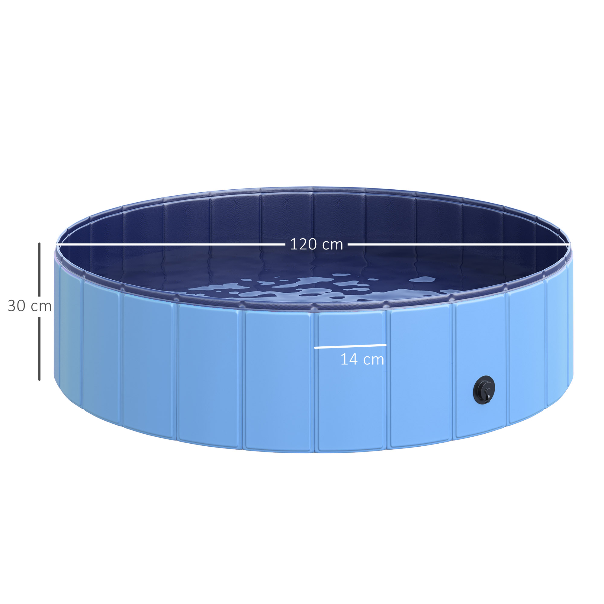 Una piscina gonfiabile azzurra con interno blu scuro, con dimensioni etichettate.
