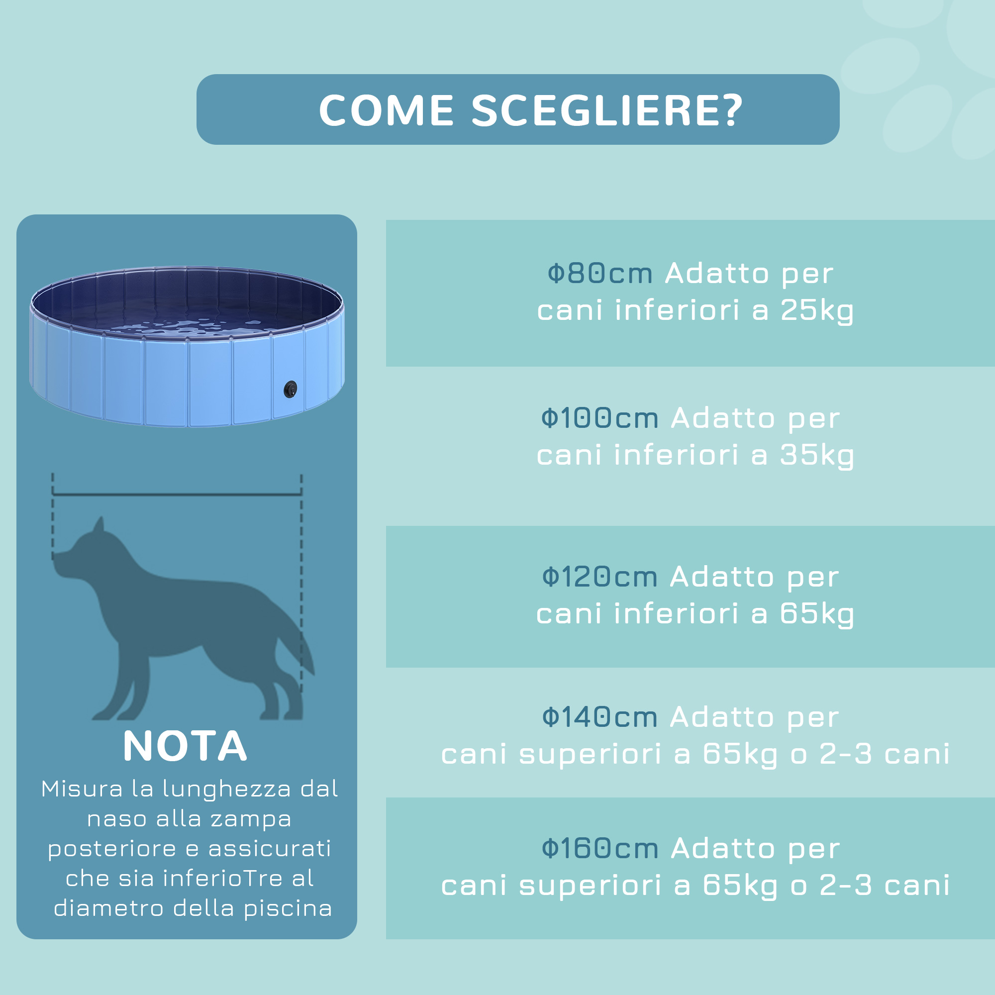 Piscina blu per cani con guida alle taglie. Mostra i diametri della piscina e le taglie dei cani. È inclusa una sagoma di cane.