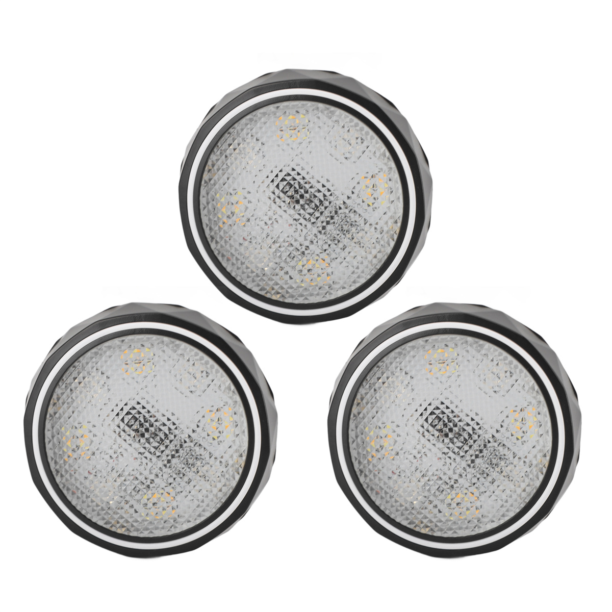 Drei runde LED-Leuchten mit schwarzem und silbernem Rand auf weißem Hintergrund.