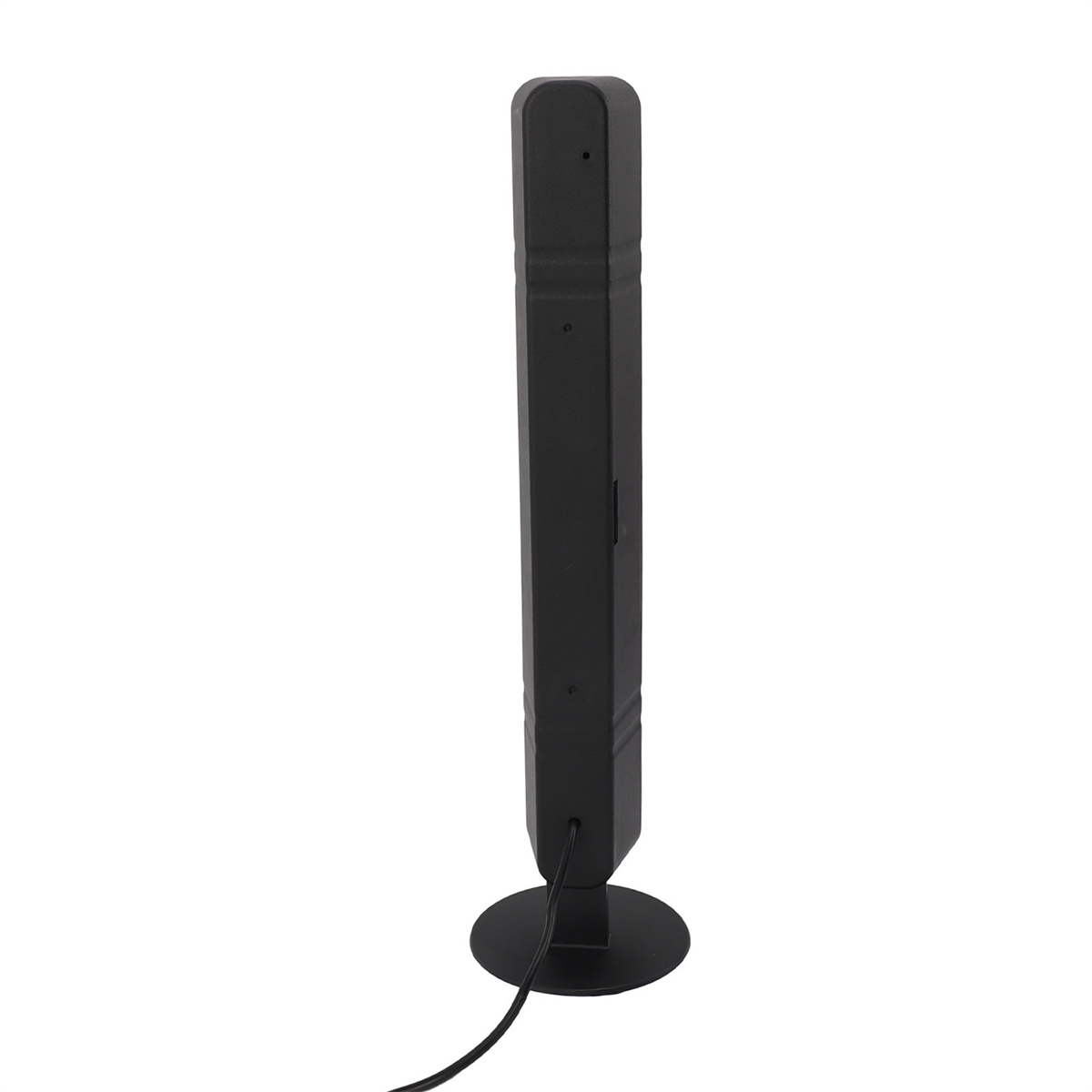 Schwarzes, rechteckiges Mikrofon auf rundem Sockel, mit Kabel, weißer Hintergrund.