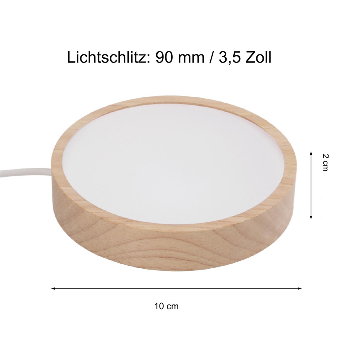 Ein hölzernes kreisförmiges Licht mit Messungen und Text.