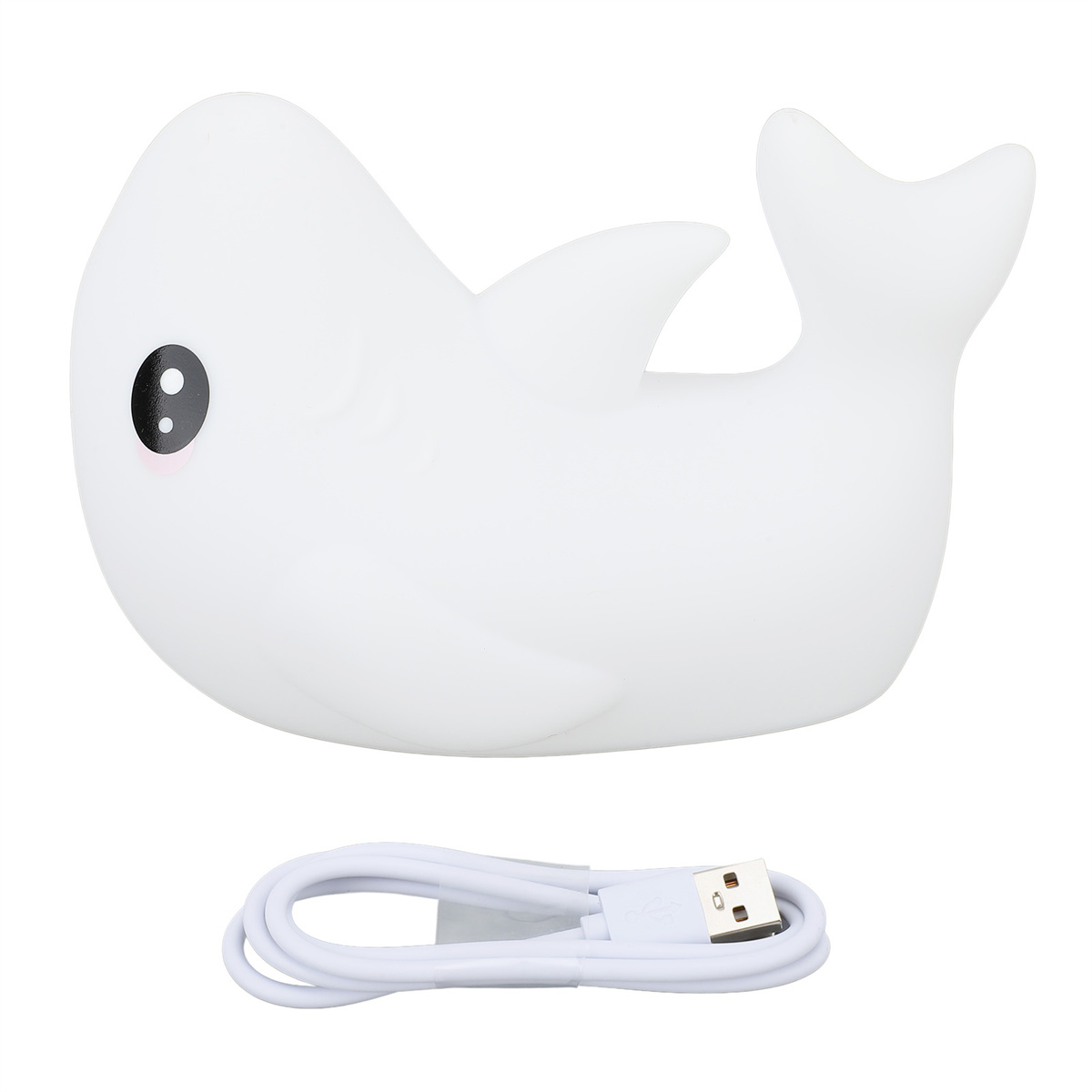 Weißes hai-förmiges Nachtlicht. Verfügt über ein schwarzes Auge und ein weißes Kabel. Ein USB-Kabel ist auch gezeigt.