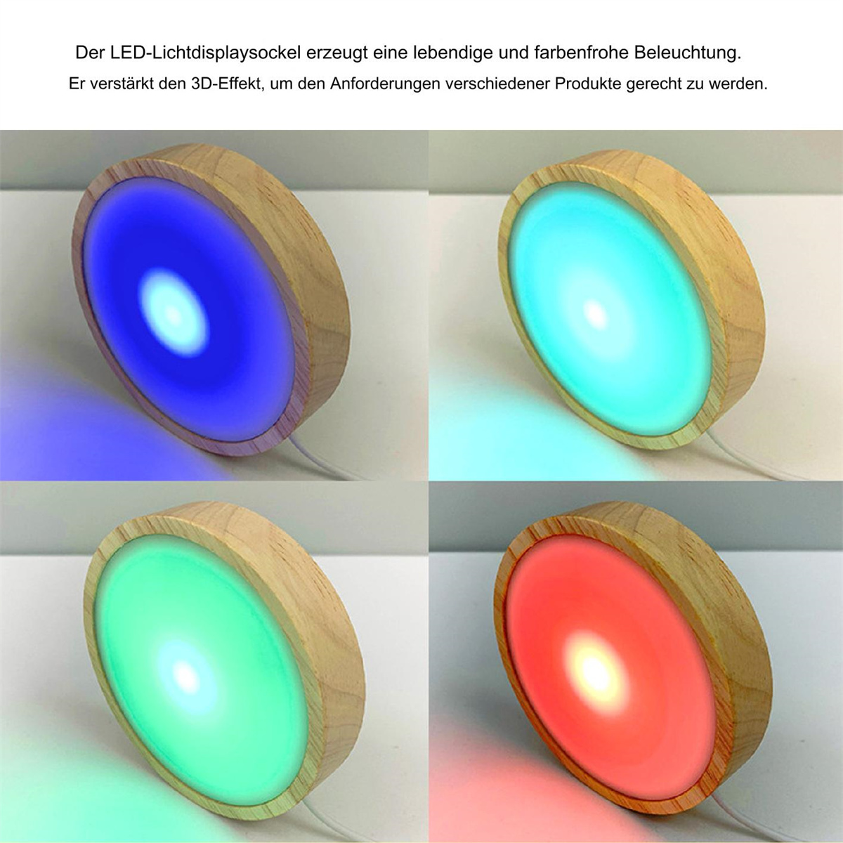 Vier LED-Lichtsockel mit Holzrahmen, die jeweils eine andere Farbe anzeigen.