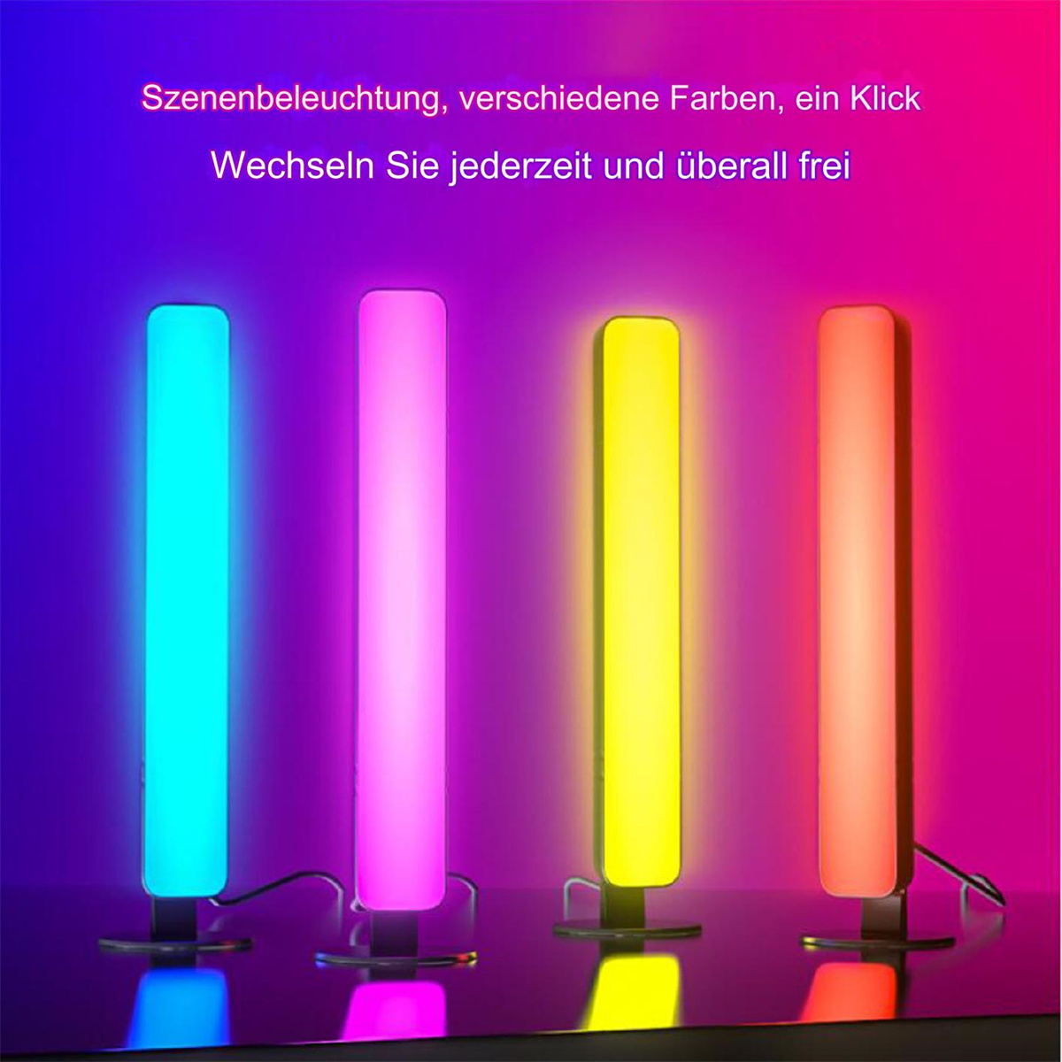 Vier farbige LED-Lichtleisten, blau, rosa, gelb und orange. Angeordnet vor einem Farbverlauf.