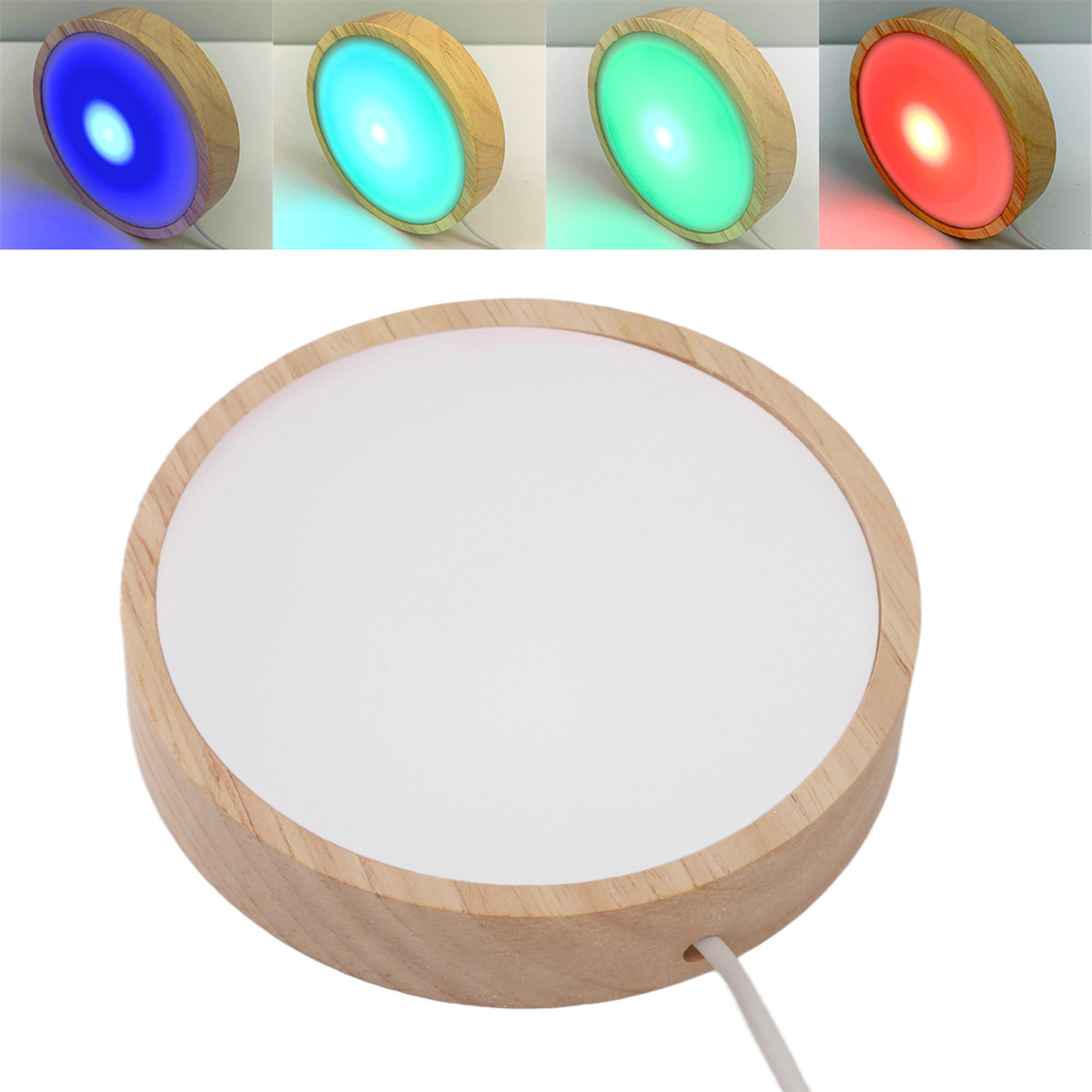 Runde Holzbasis mit weißer Oberfläche. Vier Bilder zeigen farbige Lichter: blau, türkis, grün und rot.